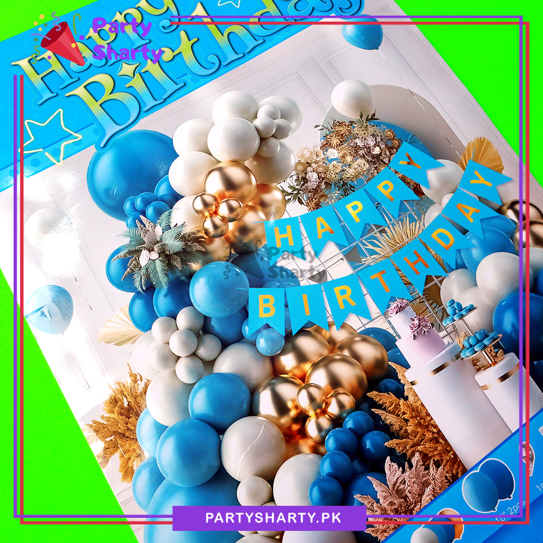 85pcs Happy Birthday Card Banner with Dark Blue, Blue, White & Golden Balloon Garland Set For Birthday Decoration & Celebration