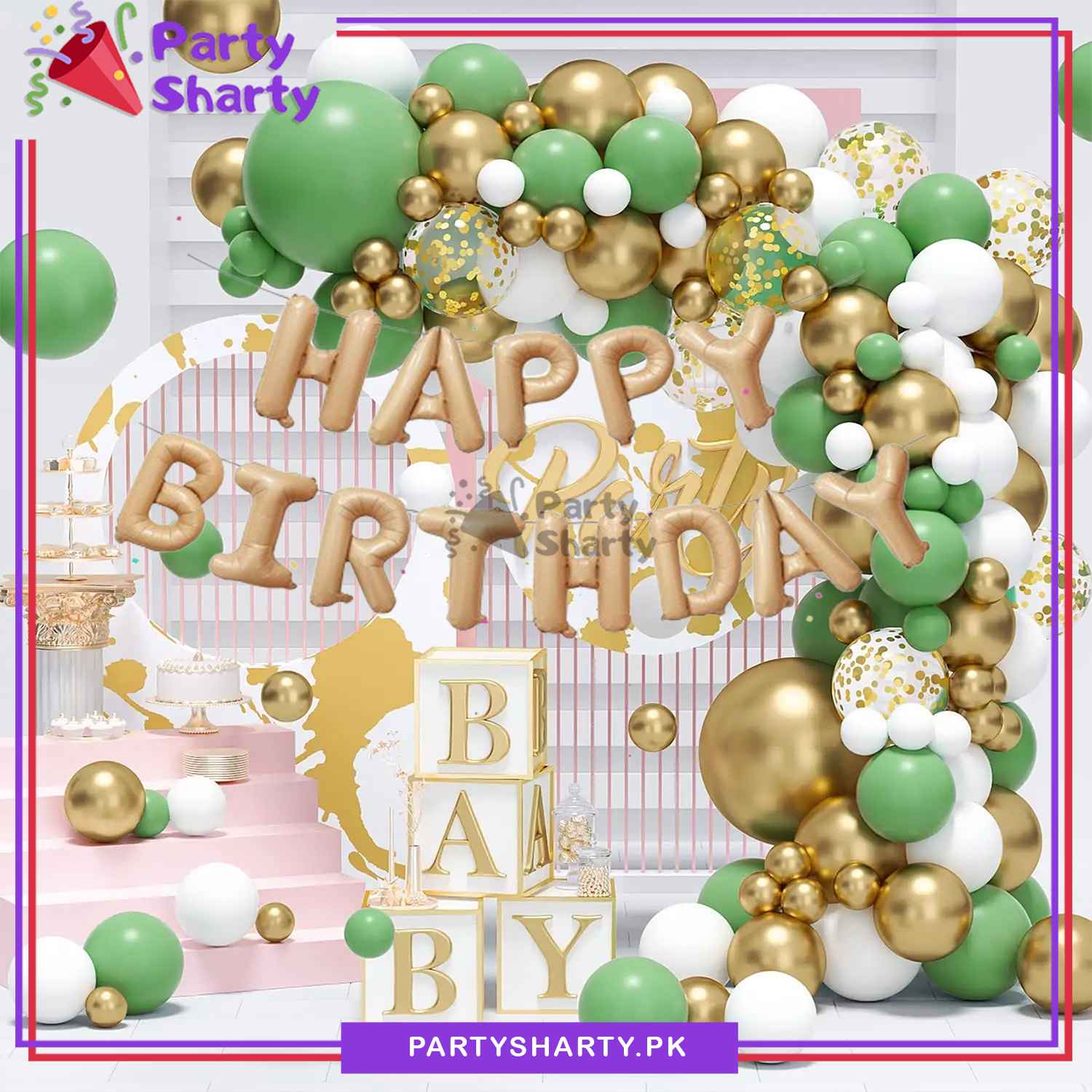 86pcs Happy Birthday Cream with Dark Green, Metallic Golden & White Balloon Garland Arch Kit For Decoration