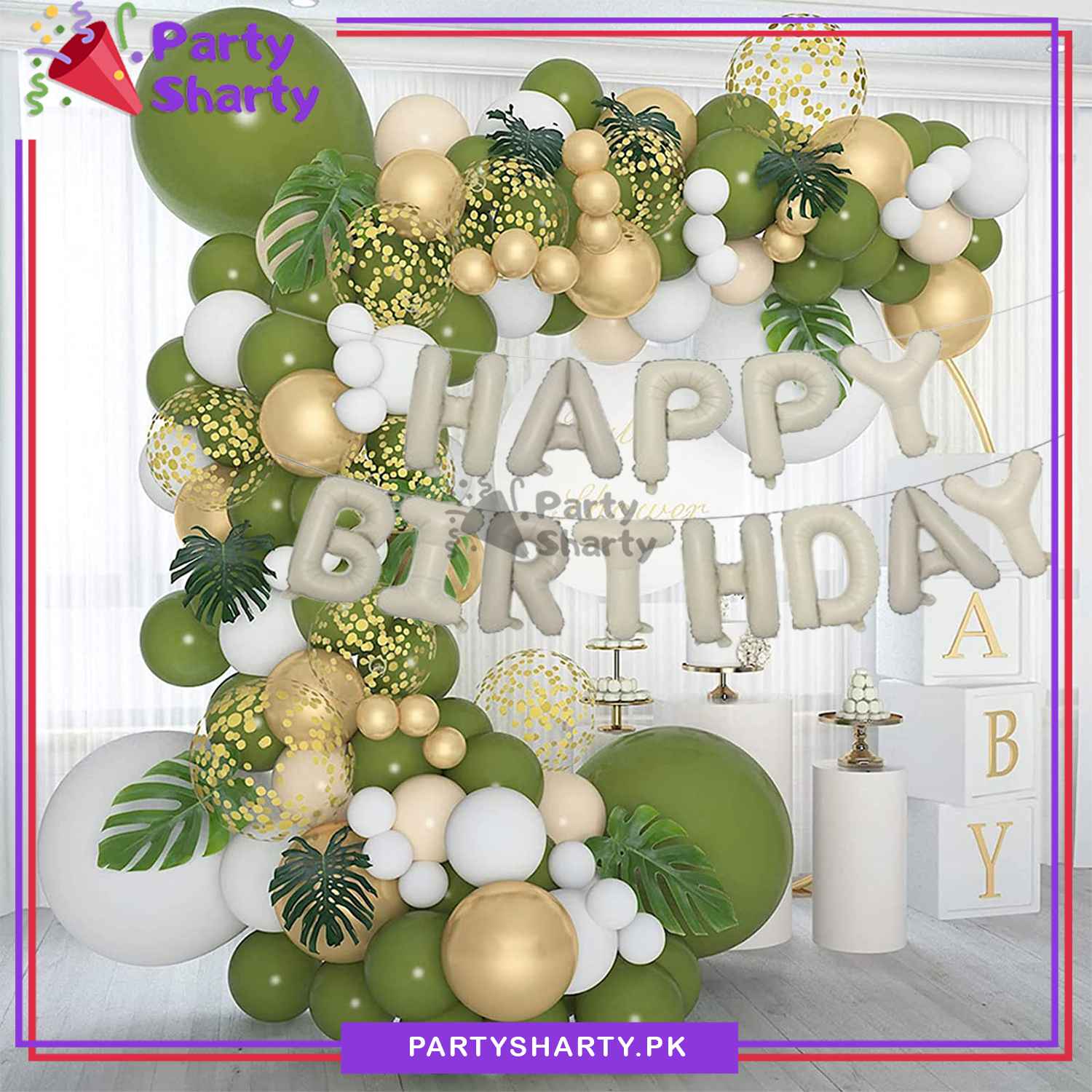 88pcs Happy Birthday Cream with Retro Olive Green, Metallic Golden & White Balloon Garland Arch Kit For Decoration