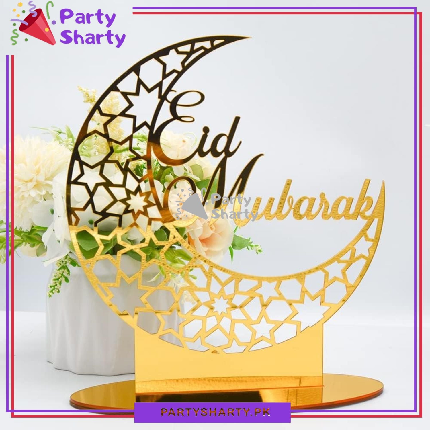 8inches Eid Mubarak Crescent Moon Shaped Acrylic Design Table Standee For Eid Decoration and Celebrations