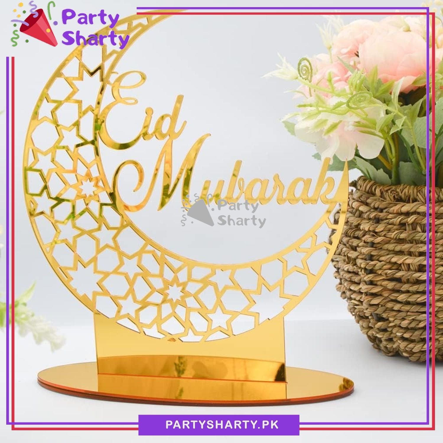 8inches Eid Mubarak Crescent Moon Shaped Acrylic Design Table Standee For Eid Decoration and Celebrations