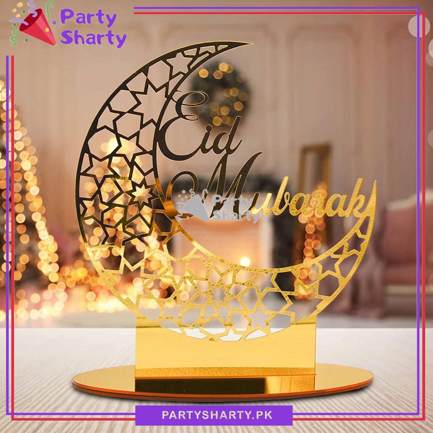 8inches Eid Mubarak Crescent Moon Shaped Acrylic Design Table Standee For Eid Decoration and Celebrations