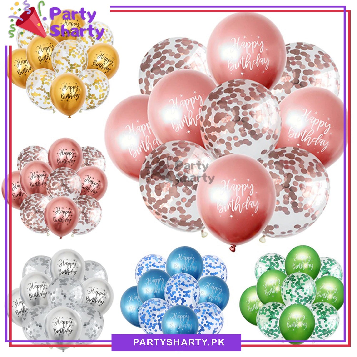 Happy Birthday Printed Metallic Balloons with Confetti Filled Balloons for Party Decoration (8 pcs / set)