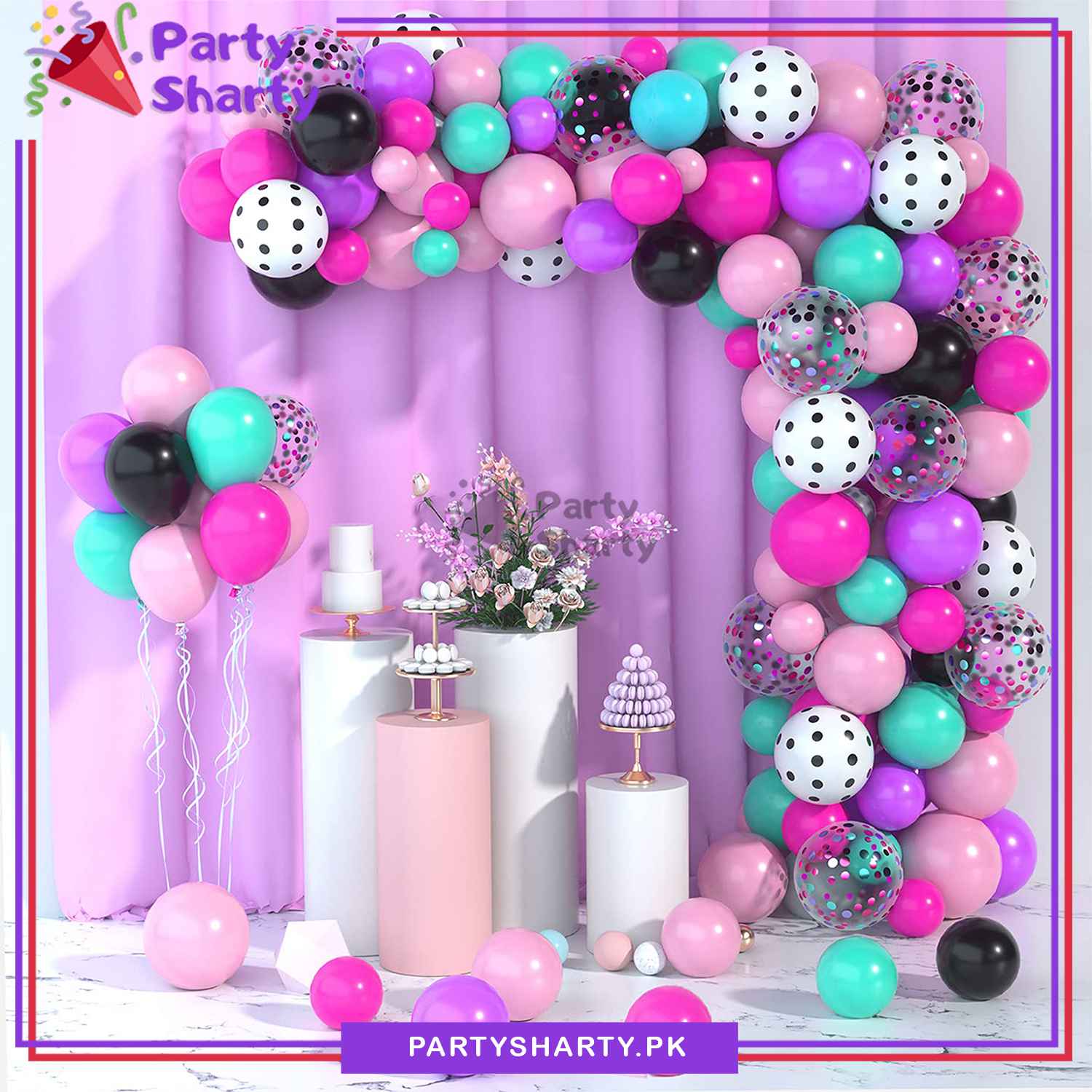 90pcs Rose Pink, Purple, Baby Pink, Sea Green & Black Color Lol Doll Theme Balloon Garland For Birthday Decoration and Party Celebrations