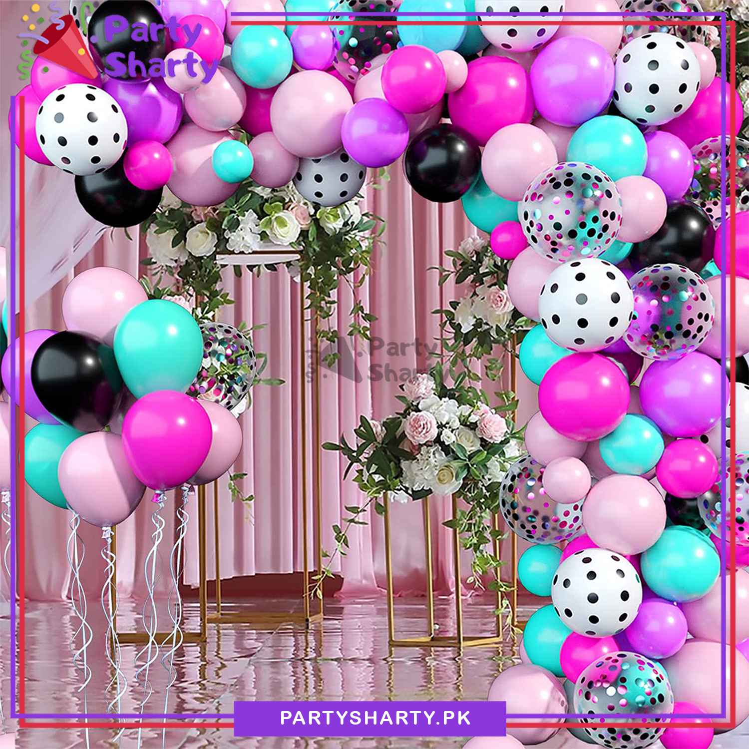 90pcs Rose Pink, Purple, Baby Pink, Sea Green & Black Color Lol Doll Theme Balloon Garland For Birthday Decoration and Party Celebrations