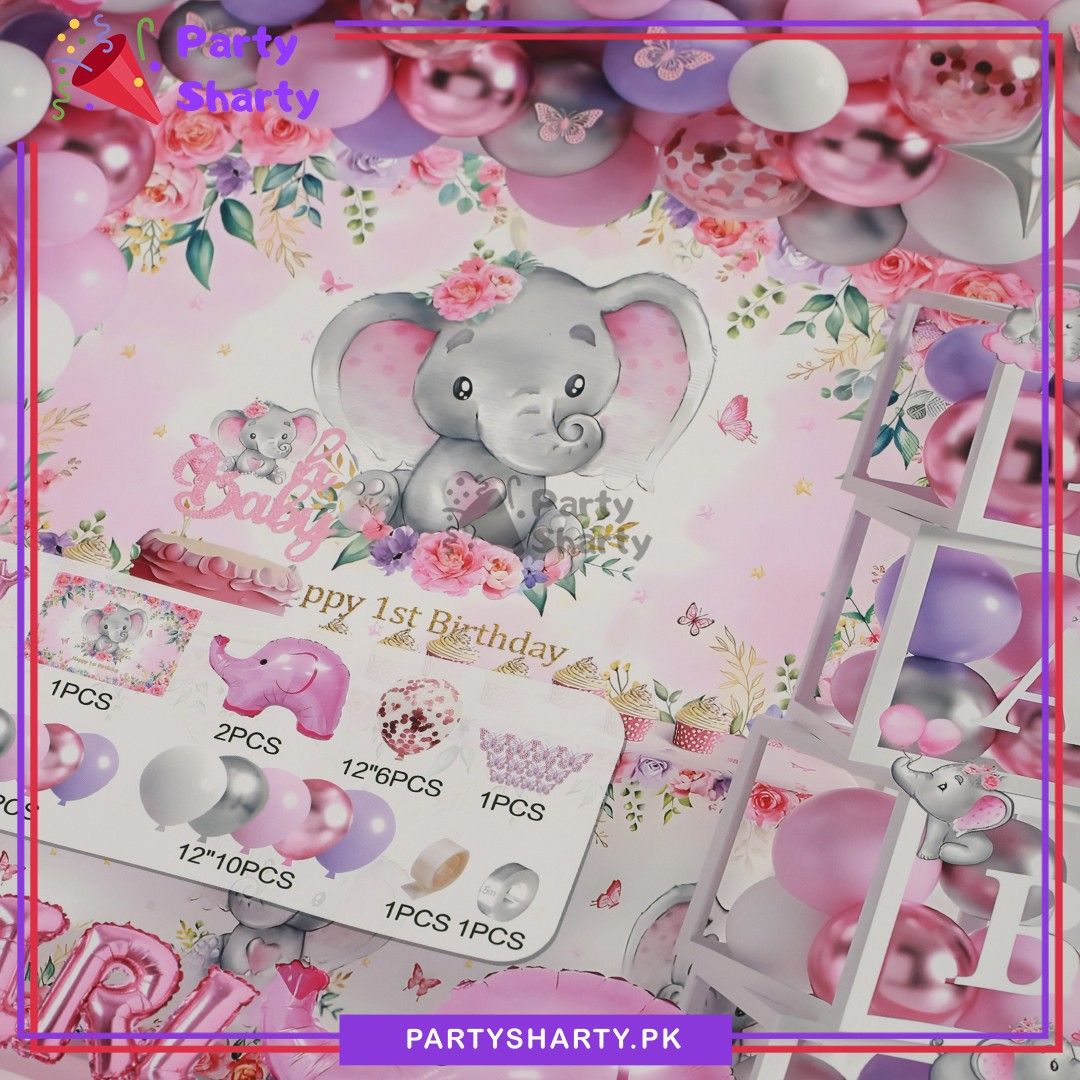 100pcs Baby Girl First Birthday Elephant Theme Set For Birthday Party Decoration and Celebration