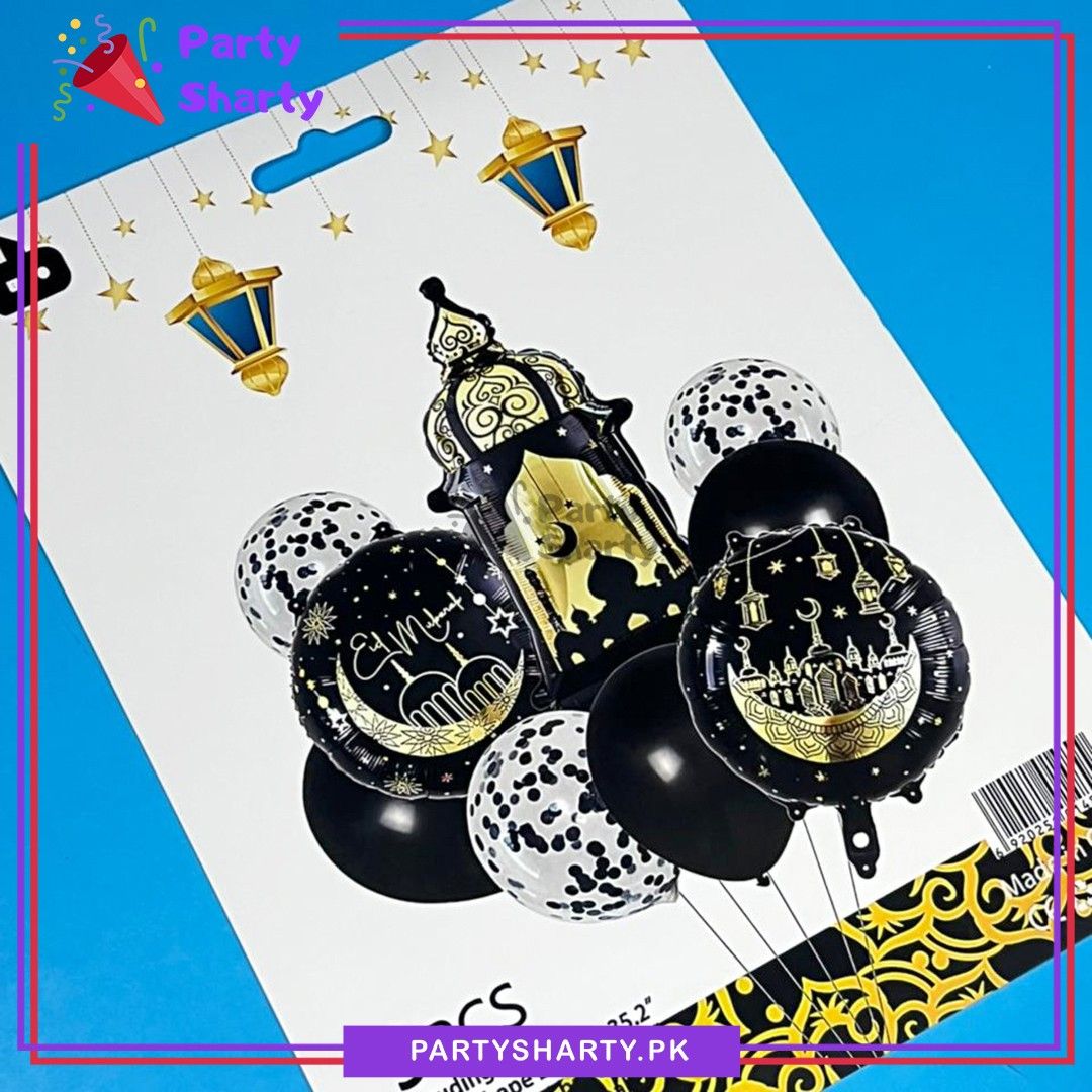 9pcs/set Black Eid Mubarak Lantern Shape Foil with Balloons Set For EID Decoration