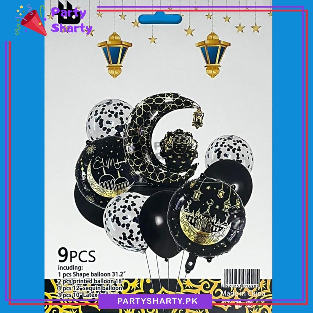 9pcs/set Black Eid Mubarak Crescent Moon Shape Foil with Balloons Set For EID Decoration