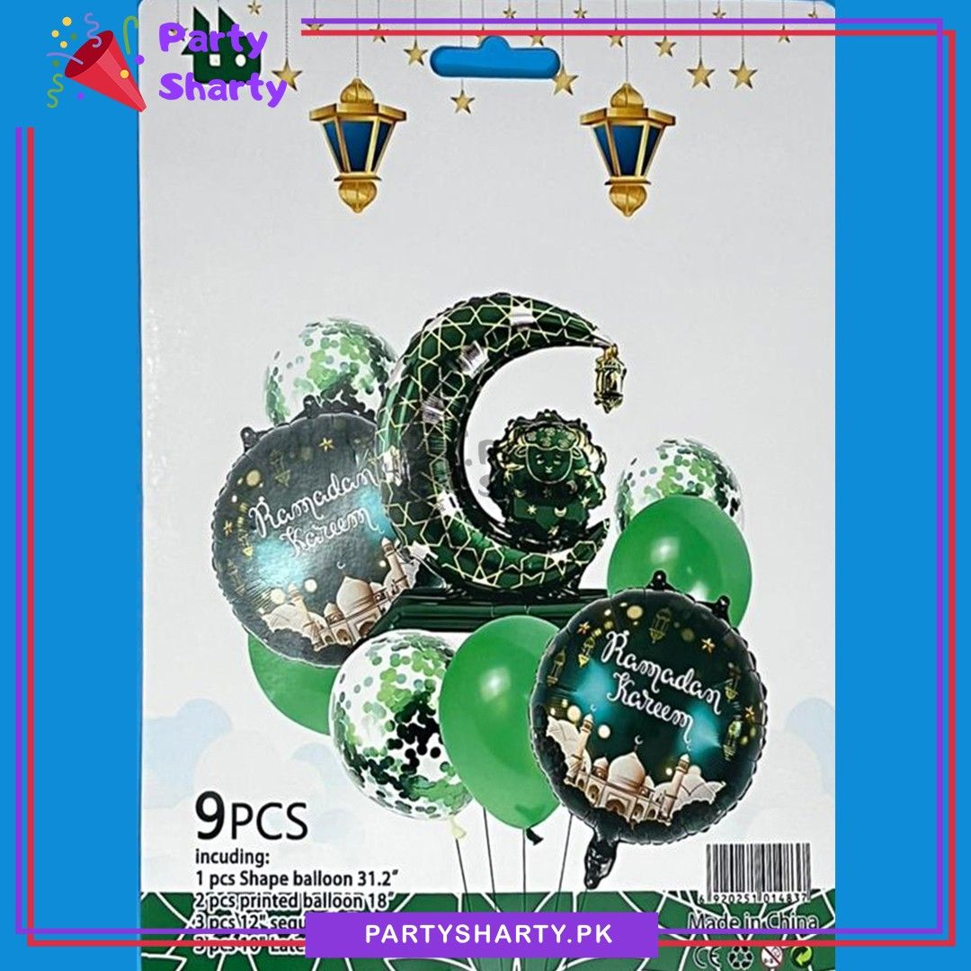 9pcs/set Green Color Ramadan Kareem Crescent Moon Shaped Foil with Balloons Set For Ramadan Decoration