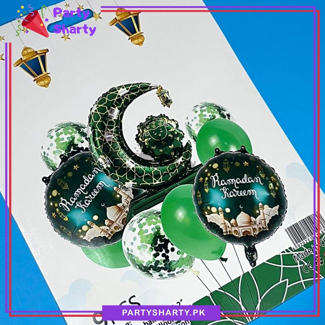 9pcs/set Green Color Ramadan Kareem Crescent Moon Shaped Foil with Balloons Set For Ramadan Decoration