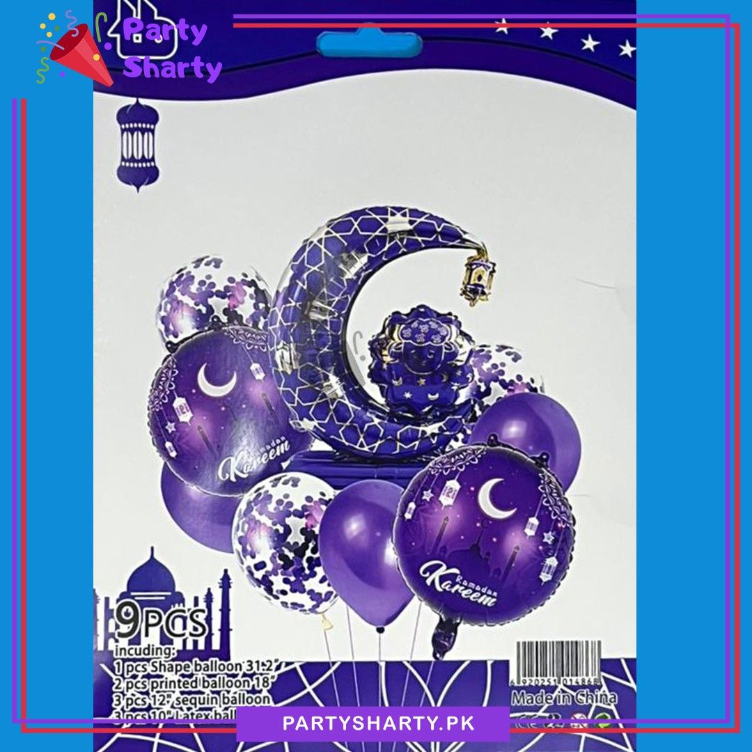 9pcs/set Purple Color Ramadan Kareem Crescent Moon Shape Foil with Balloons Set For Ramadan Decoration