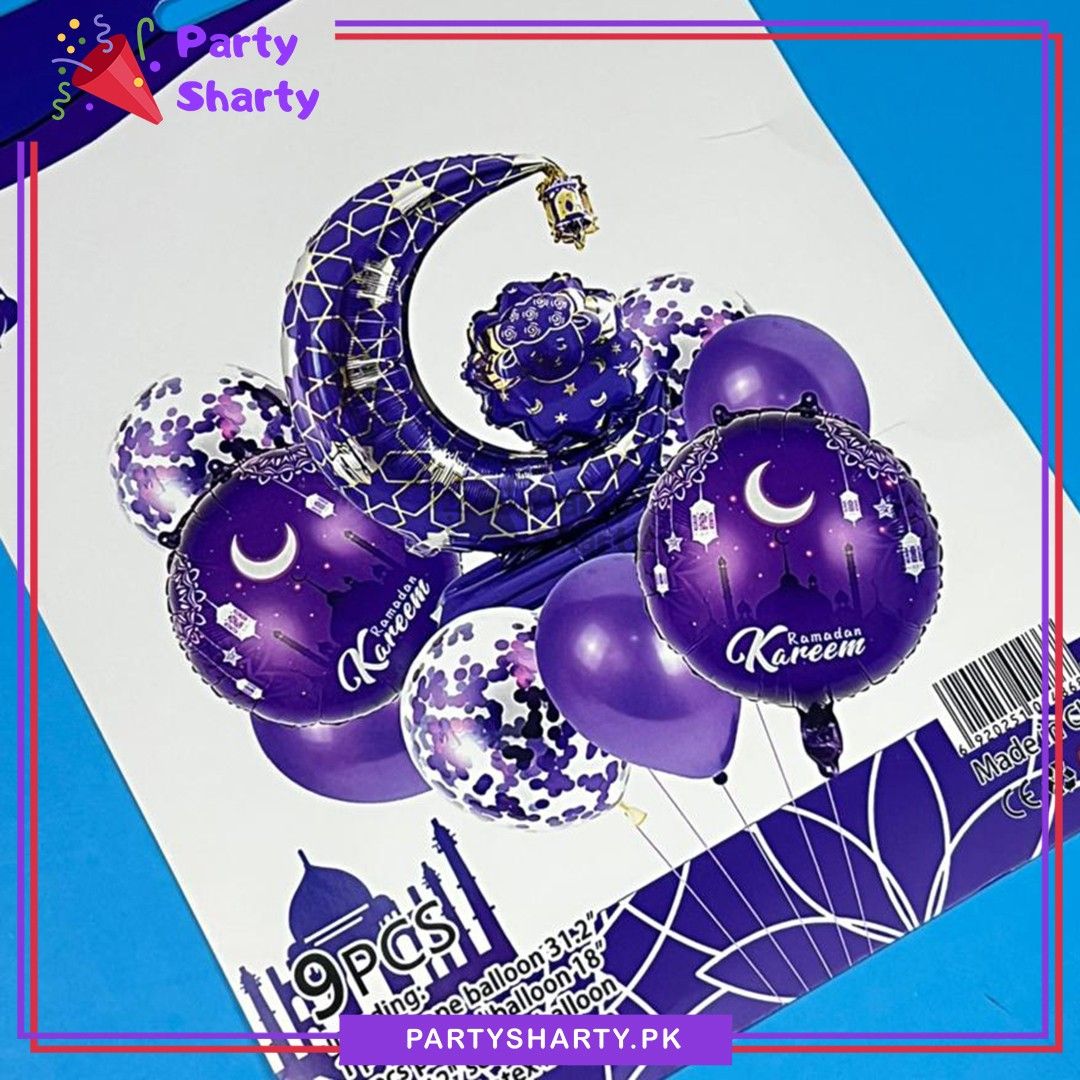 9pcs/set Purple Color Ramadan Kareem Crescent Moon Shape Foil with Balloons Set For Ramadan Decoration