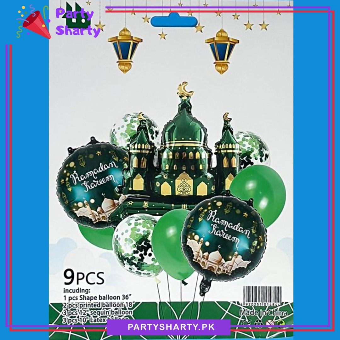 9pcs/set Green Ramadan Kareem Mosque Shape Foil with Balloons Set For Ramadan Decoration