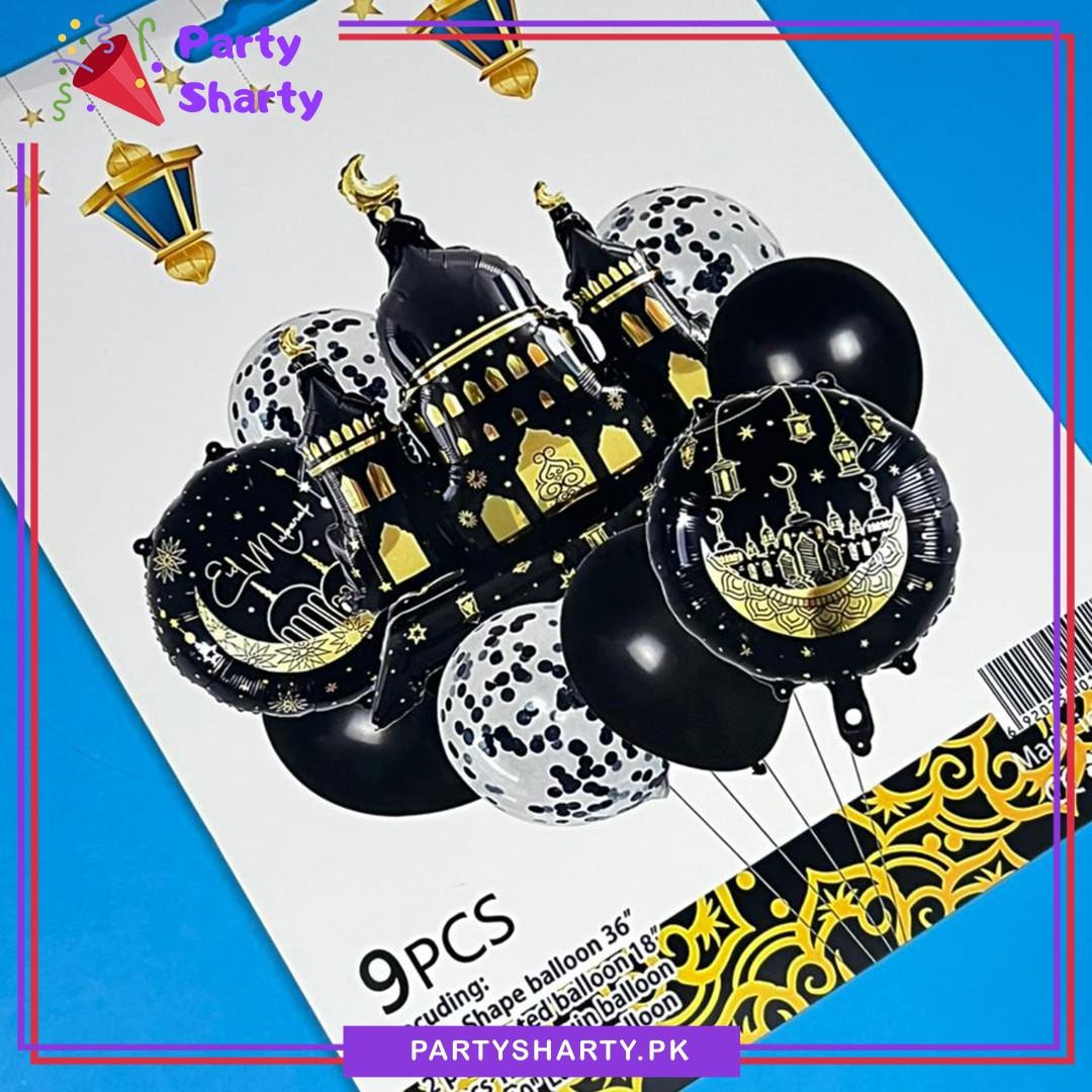 9pcs/set Black Mosque Shape Foil with Balloons Set For EID Milan Party Decoration