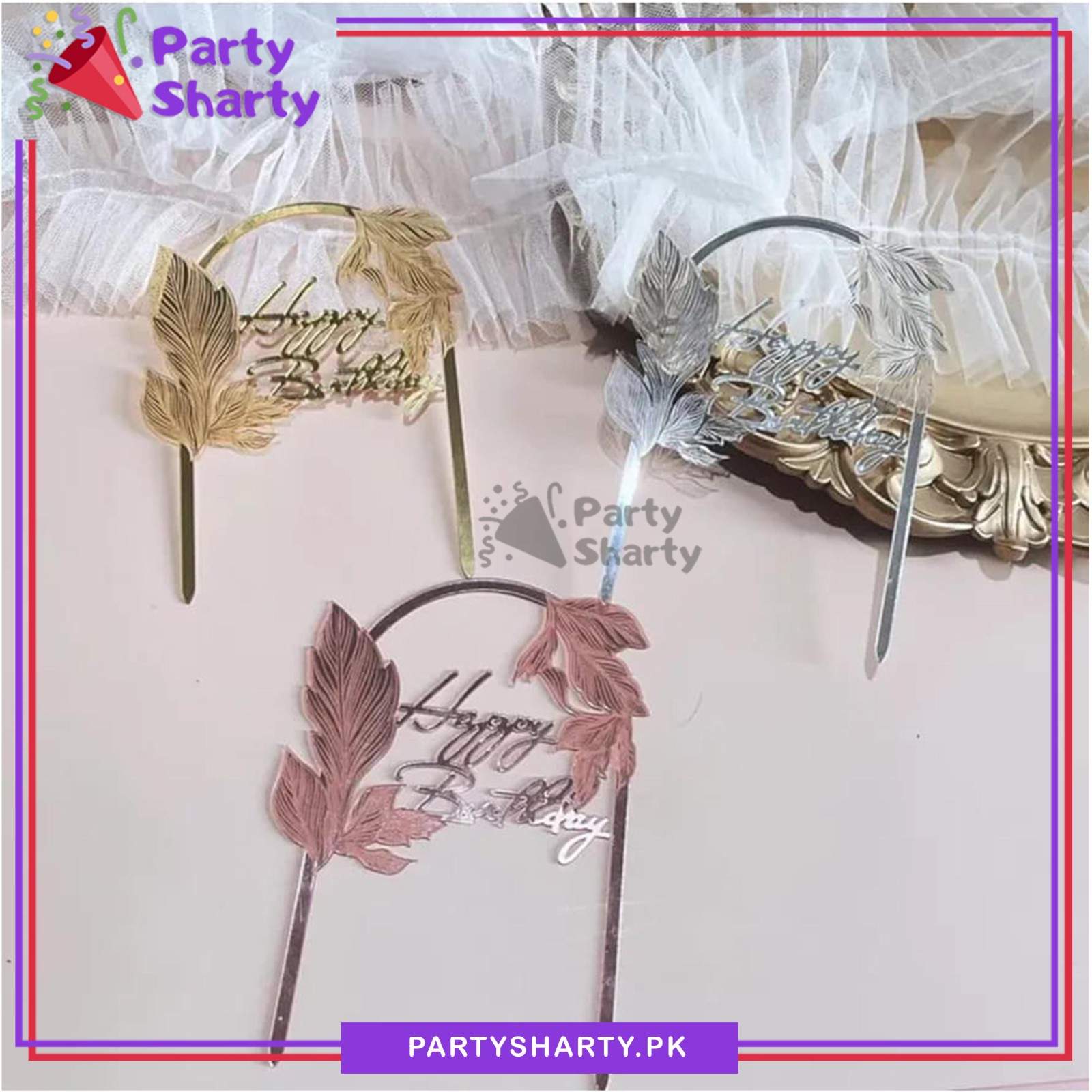 Acrylic Happy Birthday Leaf With Arch Shape Cake Topper For Cake Decoration