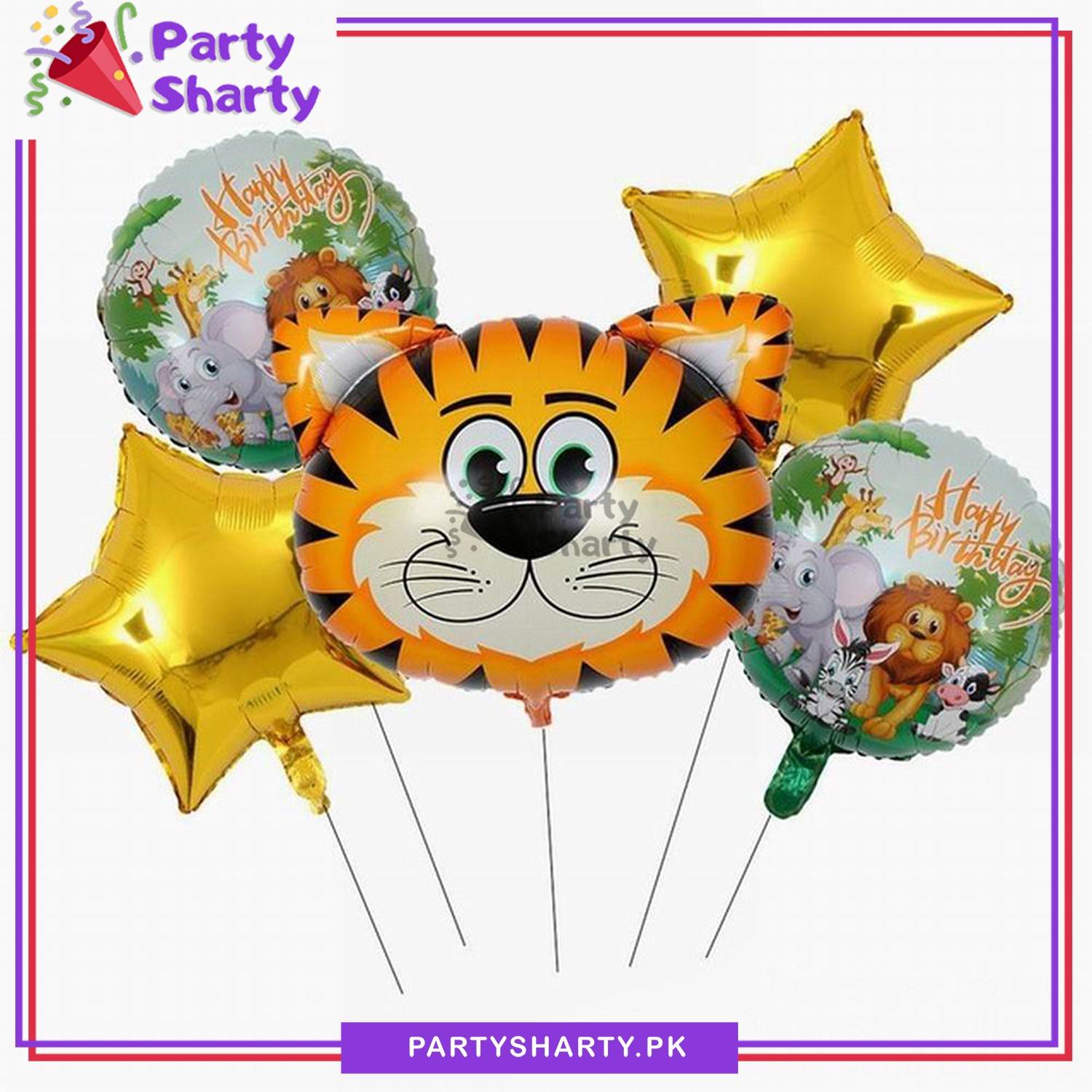 Tiger Head Foil Balloon Set - 5 Pieces For Jungle Theme Birthday Party Celebration and Decoration