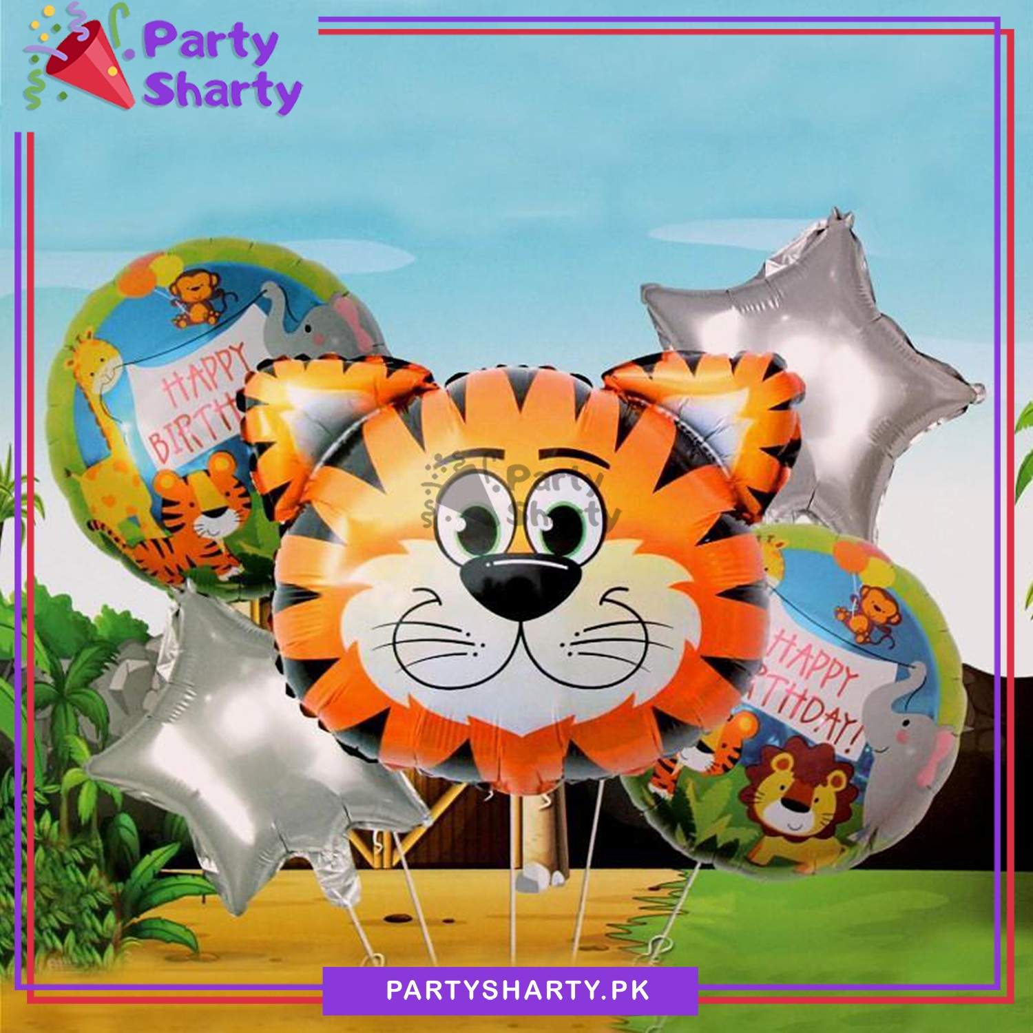 Tiger Head Foil Balloon Set - 5 Pieces For Jungle Theme Birthday Party Celebration and Decoration