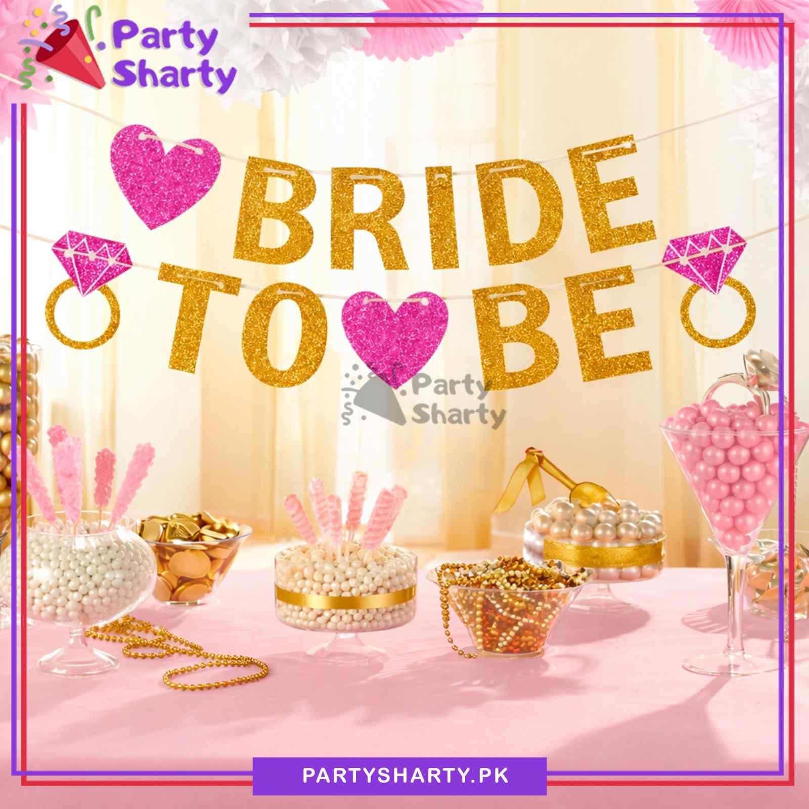BRIDE TO BE Golden & Pink Glitter Card Banner for Bridal Shower Decoration & Celebration