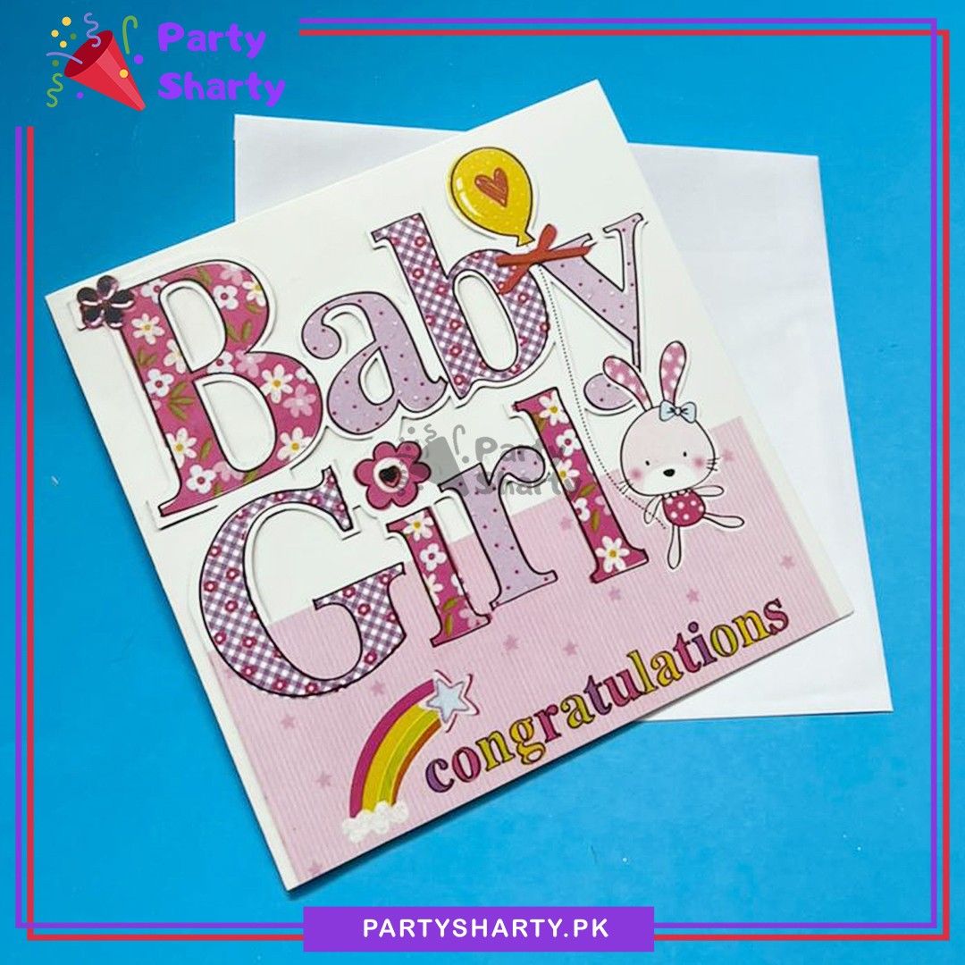 Congratulation Baby Girl With Mini Rainbow & Bunny Printed Greeting Card