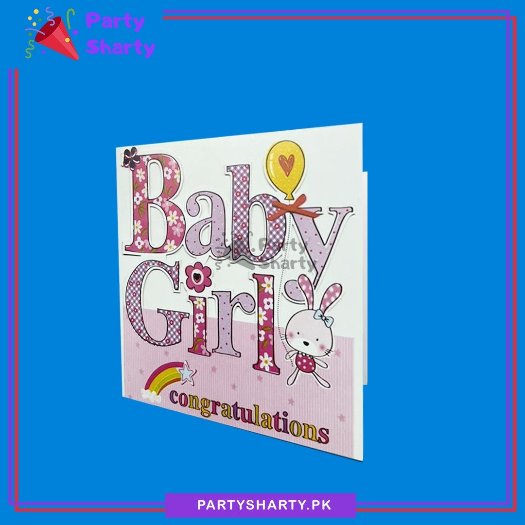 Congratulation Baby Girl With Mini Rainbow & Bunny Printed Greeting Card