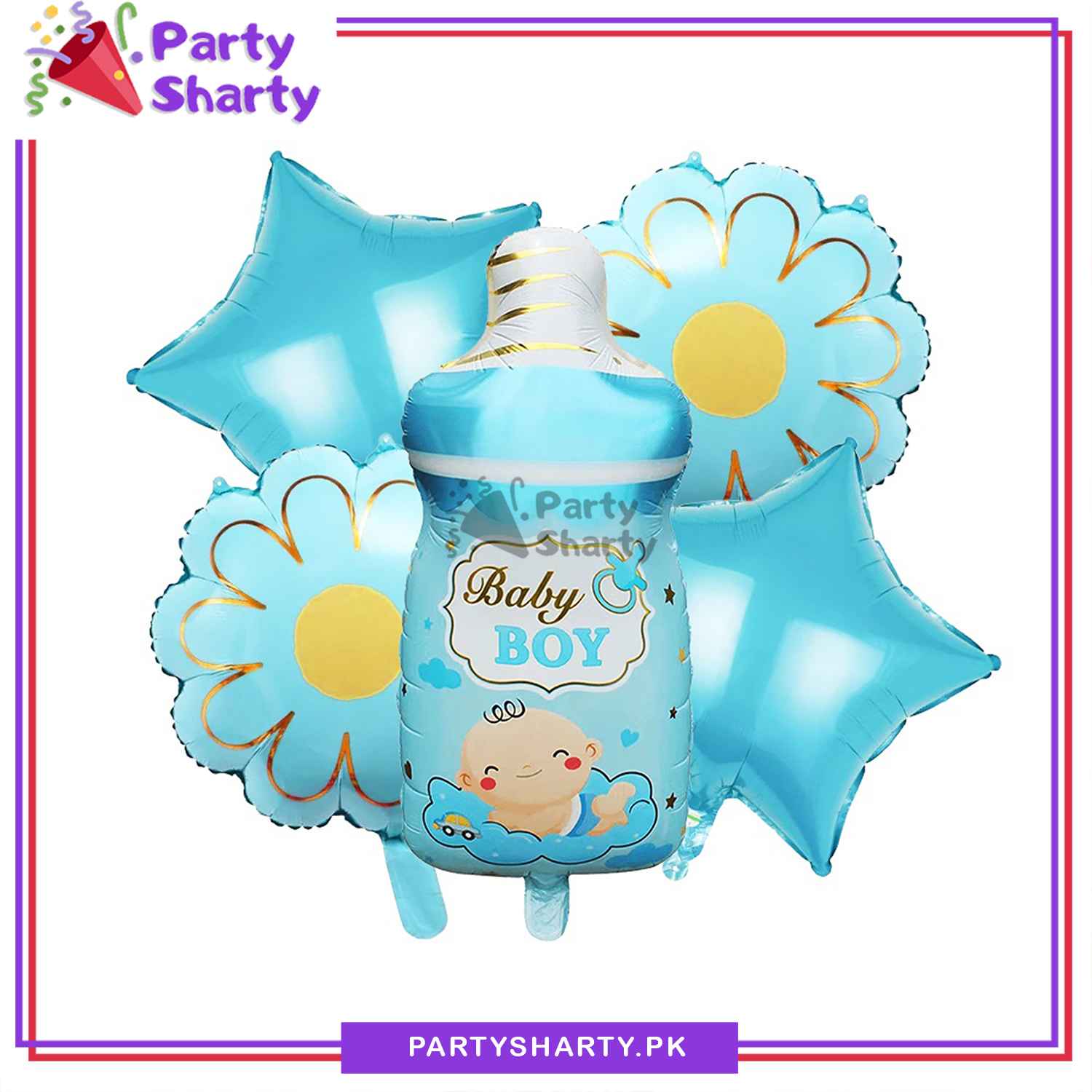 Baby Boy / Girl Feeder Shaped with Flower & Star Foil Balloon Set For Baby Shower, Gender Reveal and Welcome Baby Decoration and Celebrations