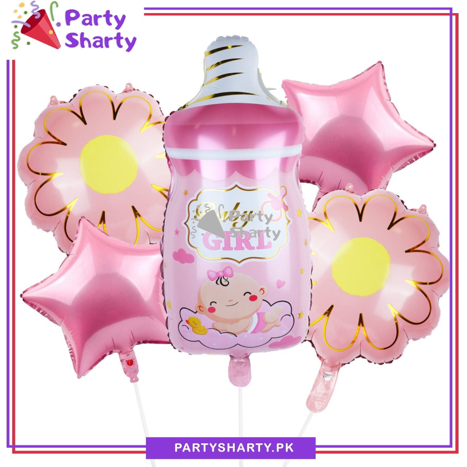 Baby Boy / Girl Feeder Shaped with Flower & Star Foil Balloon Set For Baby Shower, Gender Reveal and Welcome Baby Decoration and Celebrations