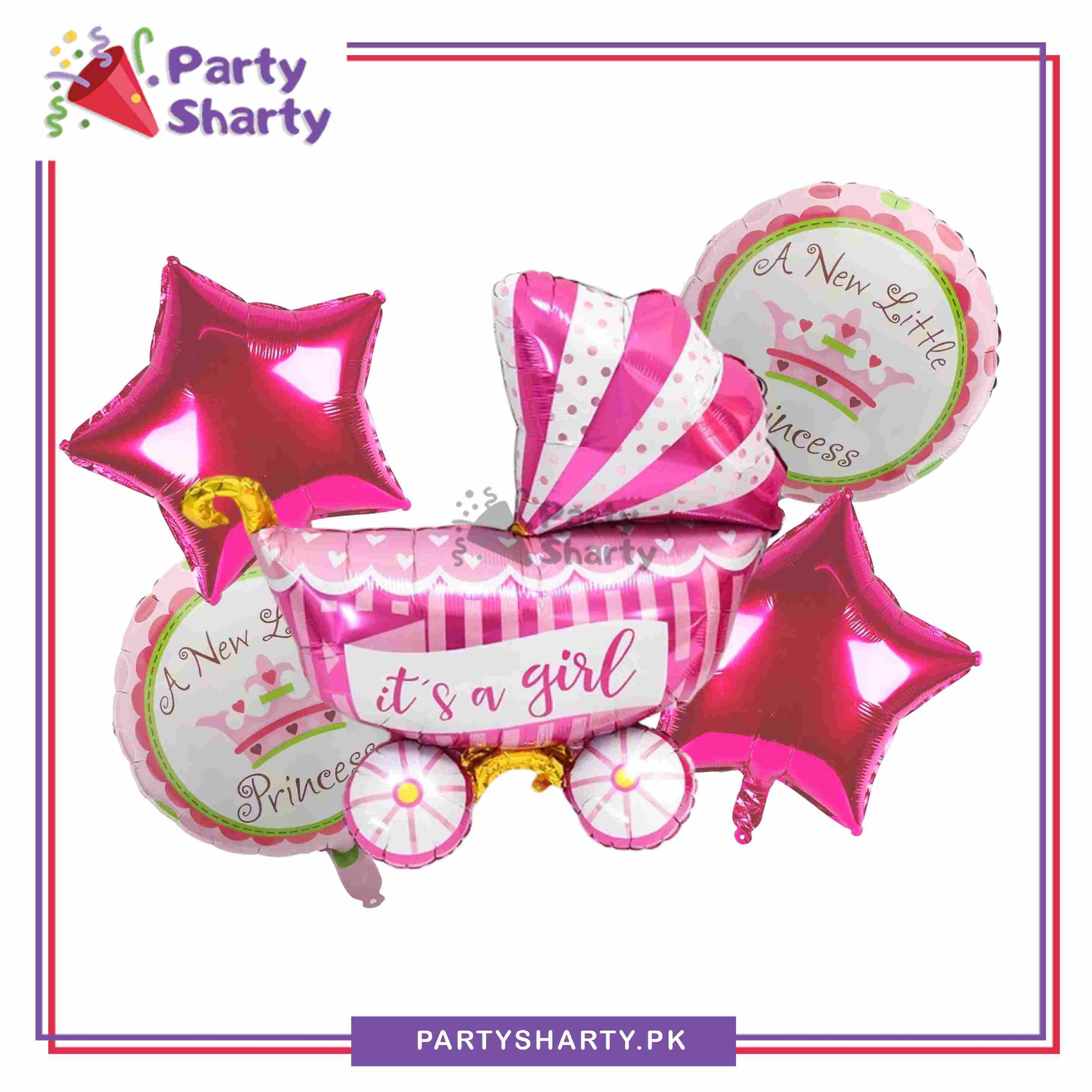 Baby Girl Stylish Cart Shaped Foil Balloon Set For Baby Shower, Welcome Baby Decoration and Celebrations