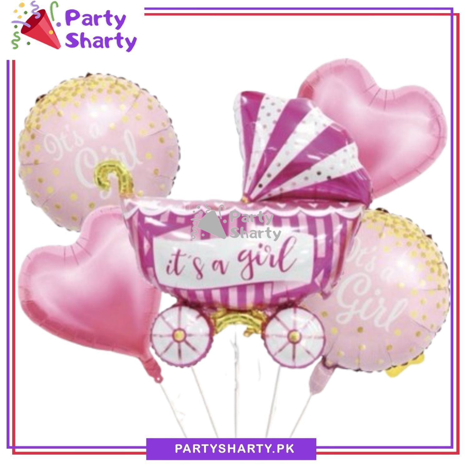 Baby Girl Stylish Cart Shaped Foil Balloon Set For Baby Shower, Welcome Baby Decoration and Celebrations