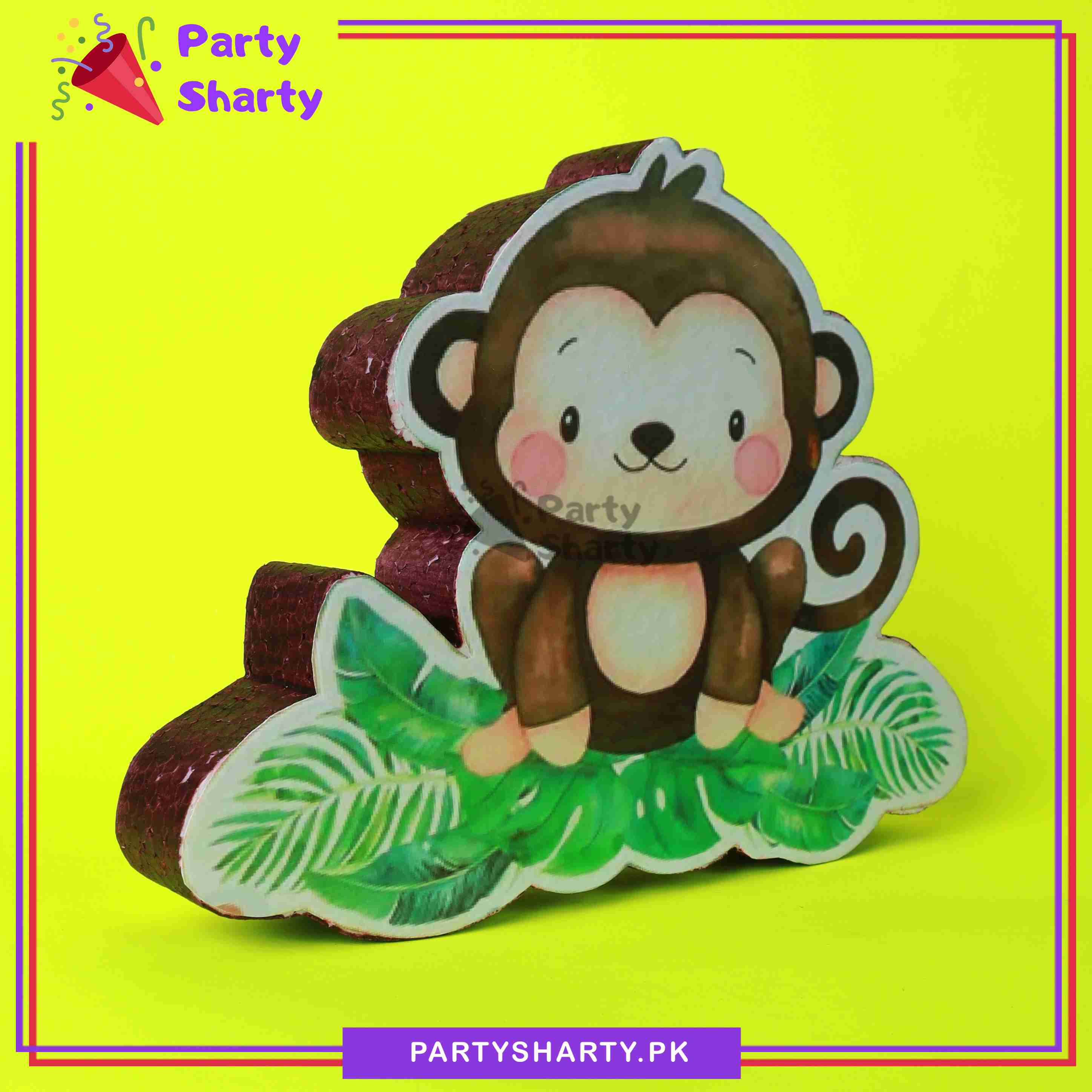 Baby Monkey Character with Leaves Thermocol Standee For Jungle / Safari Theme Based Birthday Celebration and Party Decoration