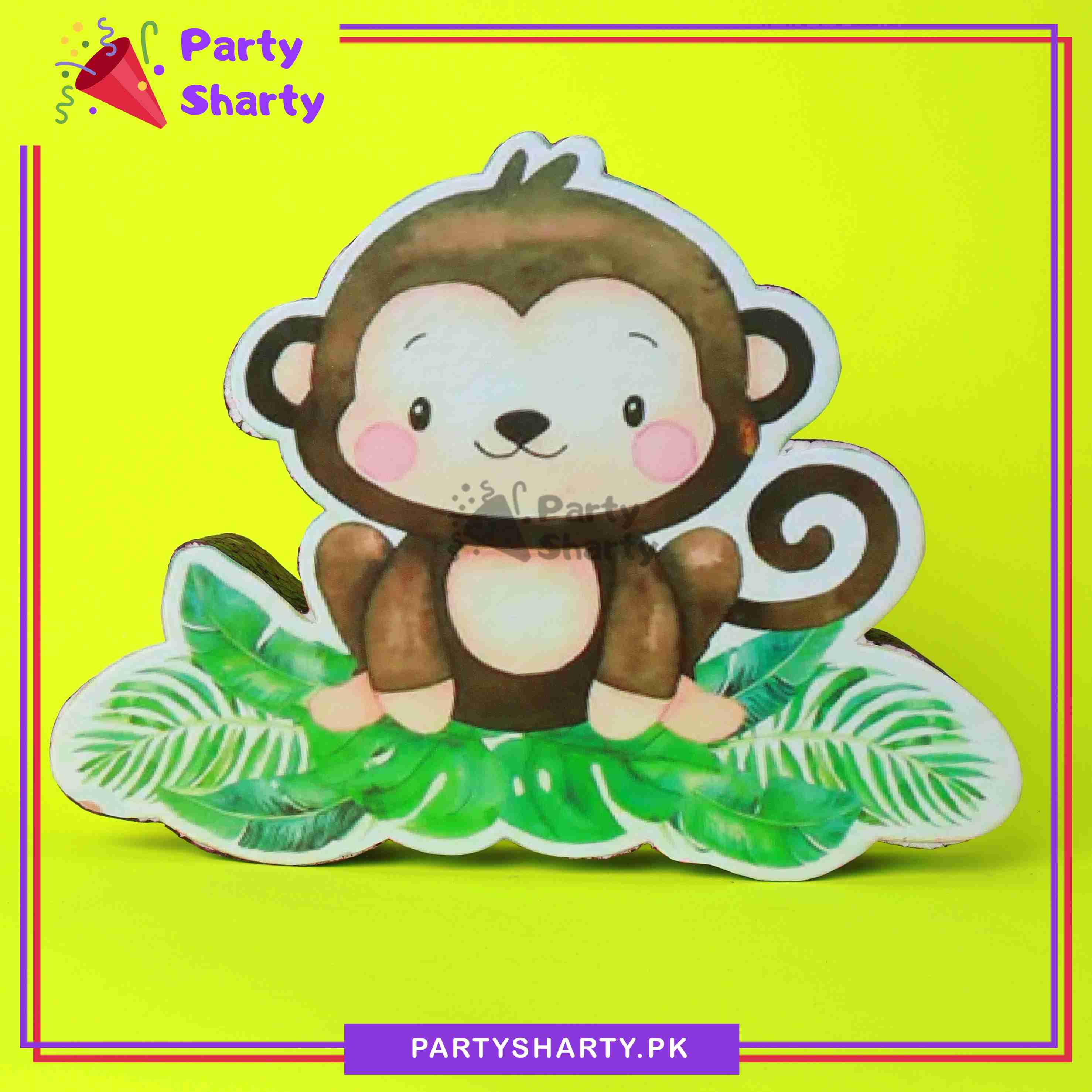 Baby Monkey Character with Leaves Thermocol Standee For Jungle / Safari Theme Based Birthday Celebration and Party Decoration