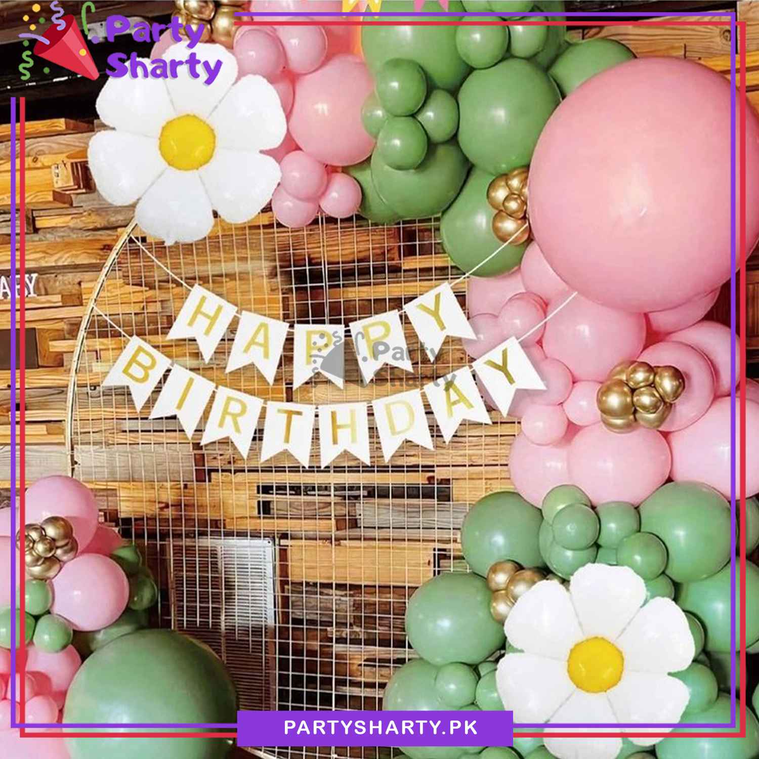 100pcs White HBD Card Banner with Sage Green, Baby Pink & Daisy Flower Balloon Garland Set For Butterfly & Flower Theme Birthday Decoration