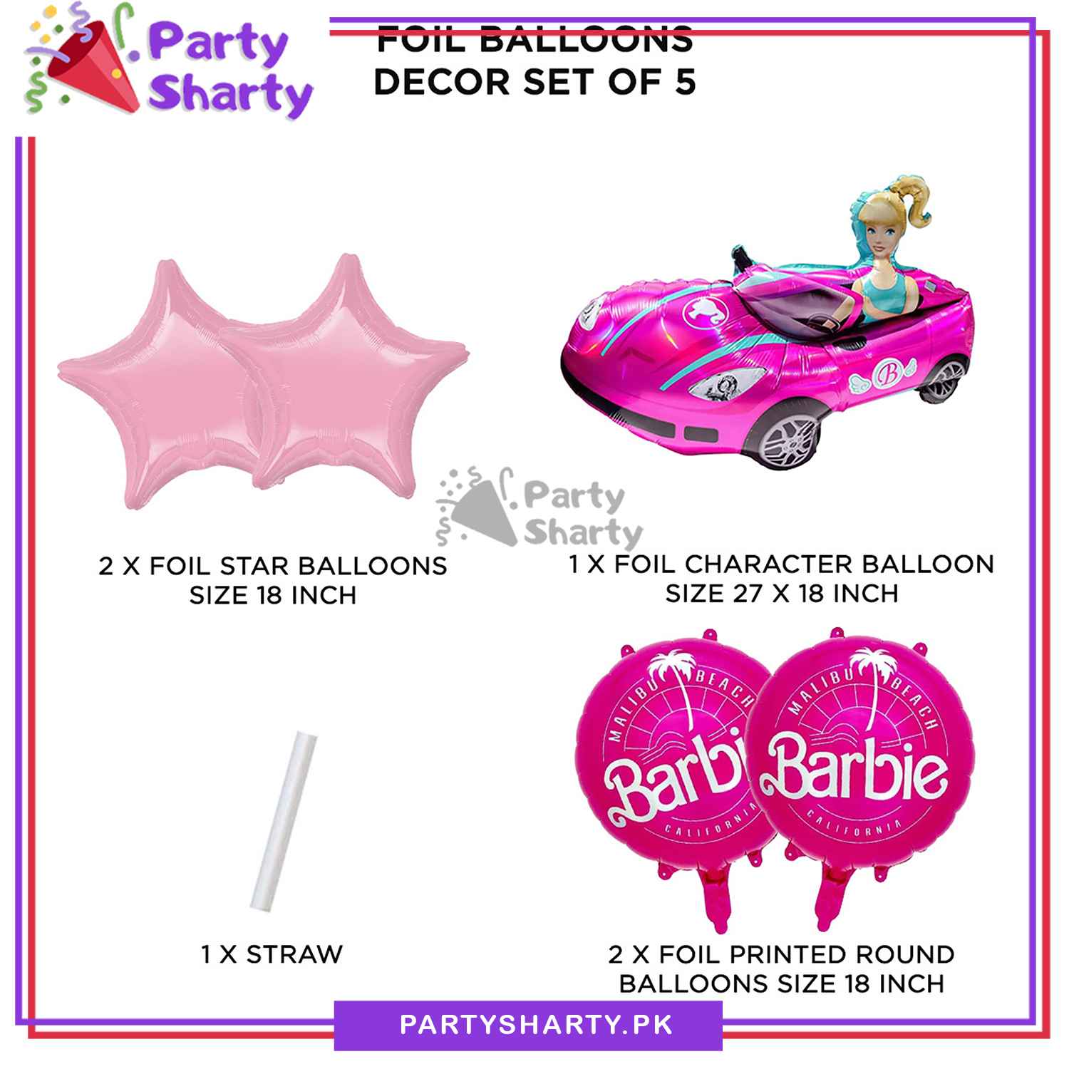 5pcs/set D-2 Barbie Car Shaped Foil Balloons For Barbie Theme Party Decoration and Celebration