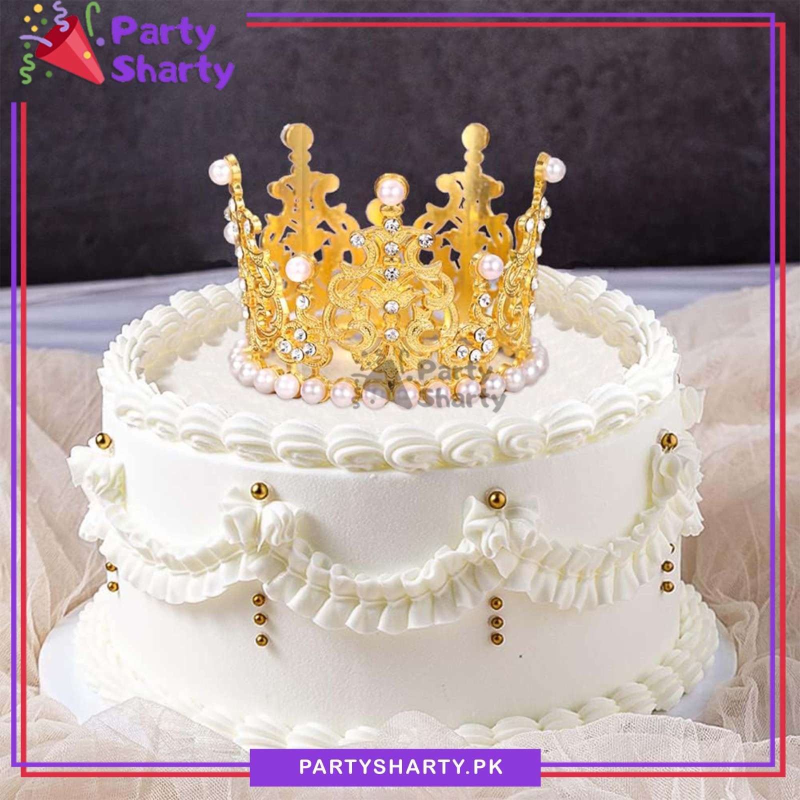 Golden Beautiful pearl-adorned Cake Crown For Birthday Party Event and Celebration