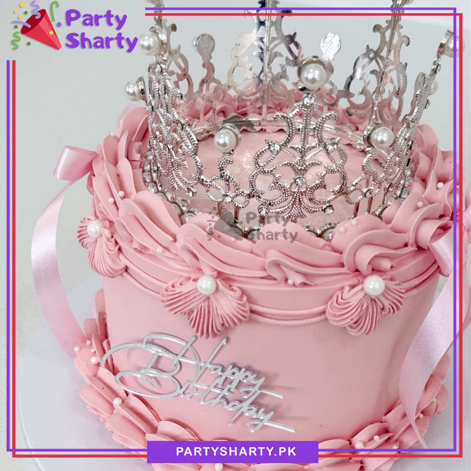 Silver Color Beautiful pearl-adorned Cake Crown For Birthday Party Event and Celebration