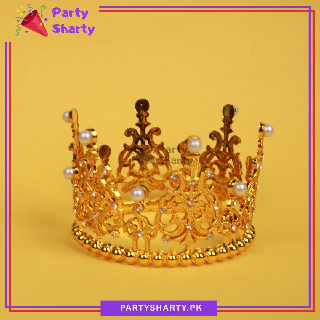Golden Beautiful pearl-adorned Cake Crown For Birthday Party Event and Celebration