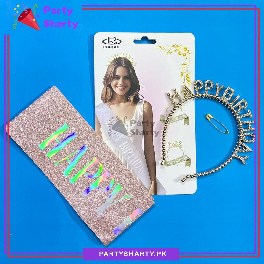 Birthday Girl Shiny Plastic Hairband With Sash for Birthday Event & Celebration