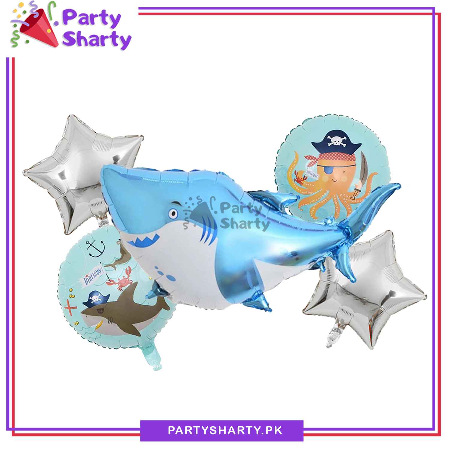 Blue Shark Shaped Foil Balloon set of 5 For Under The Sea Theme Birthday Decoration and Celebrations