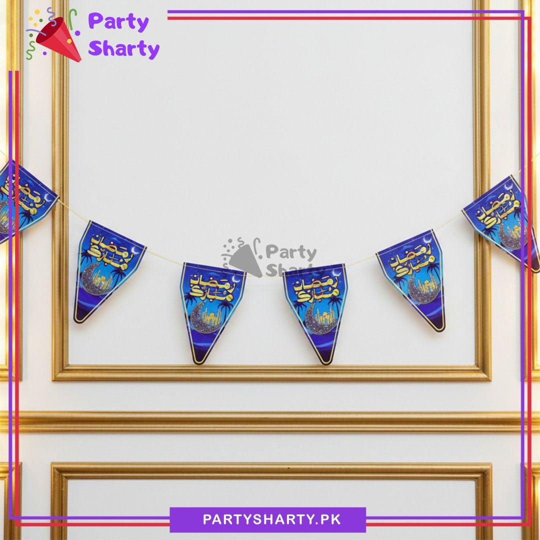 Moon & Mosque Printed Blue Color Ramadan Mubarak Flags Pack of 10 For Ramadan Decoration