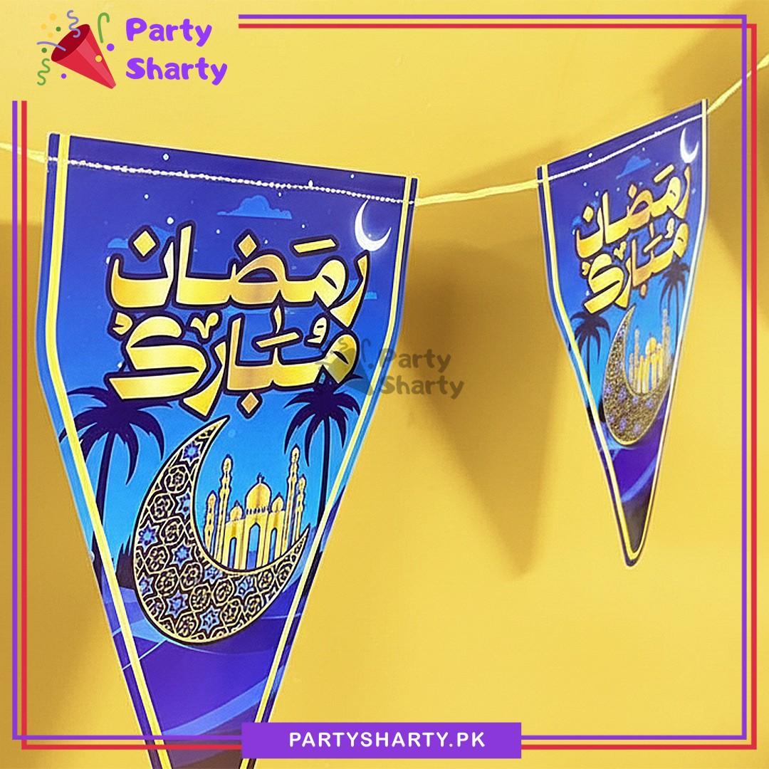 Moon & Mosque Printed Blue Color Ramadan Mubarak Flags Pack of 10 For Ramadan Decoration
