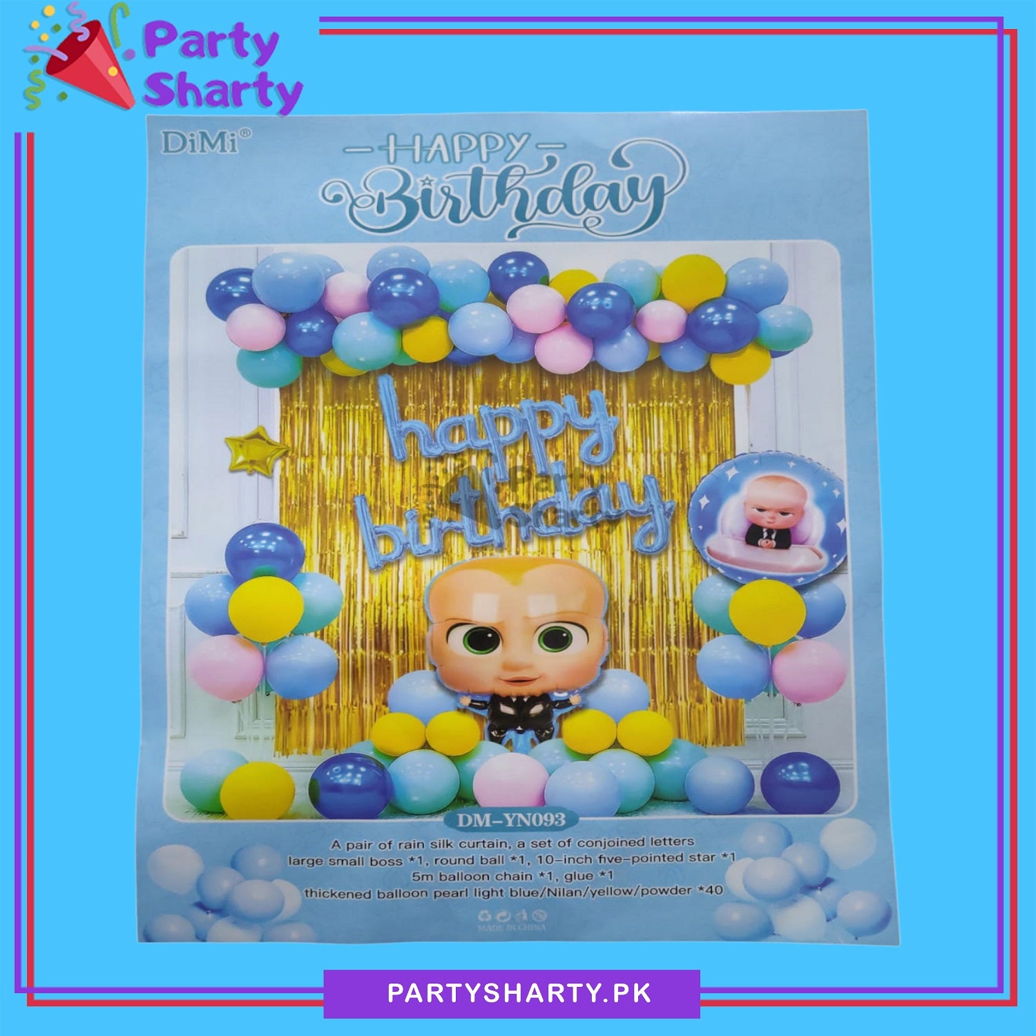 Light Blue Happy Birthday with Boss Baby Cartoon Theme Set for Theme Based Birthday Decoration and Celebration
