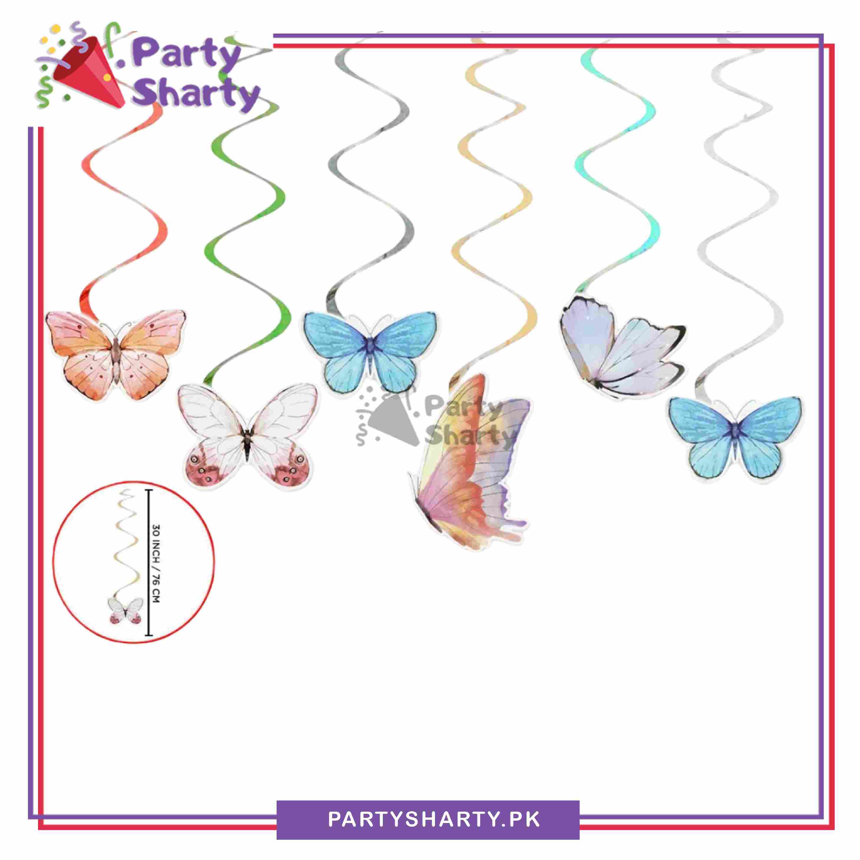 Butterfly Theme Hanging Swirls (Pack of 6) For Birthday Party and Decoration