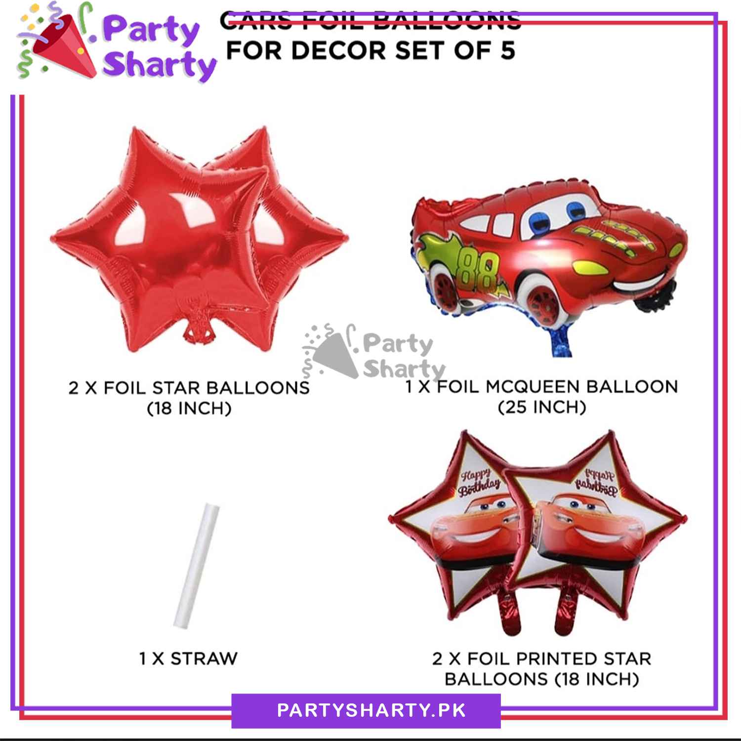 D-2 Lightning McQueen Cars Cartoon Foil Balloon Set - 5 Pieces For Birthday Party