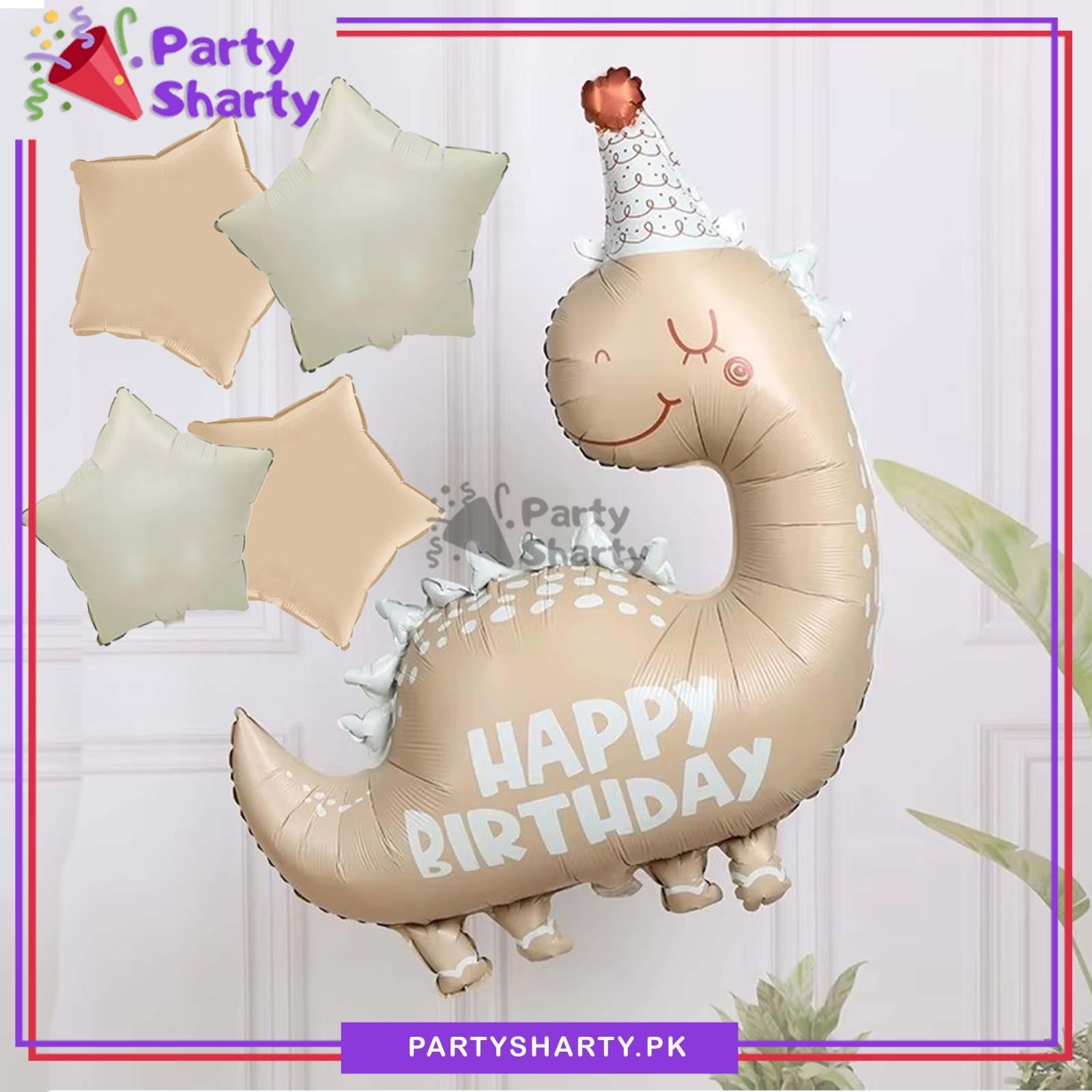 5pcs Matte Caramel Color Happy Birthday Printed Dinosuar Foil Balloons Set For Theme Party Decoration