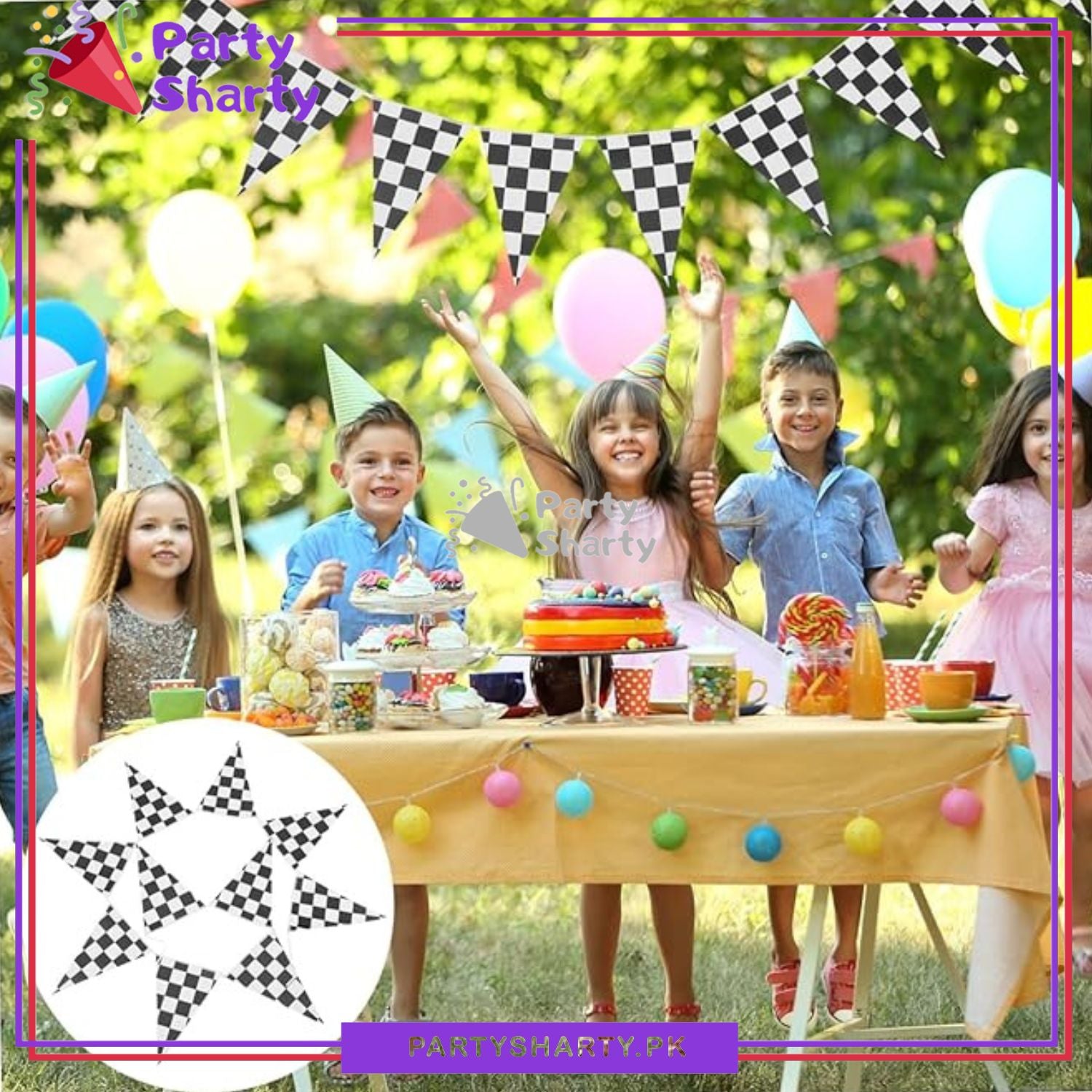 Checker Flags Racing Theme Party Flags Bunting for Too Fast & Racing Car Birthday Theme Party and Decoration