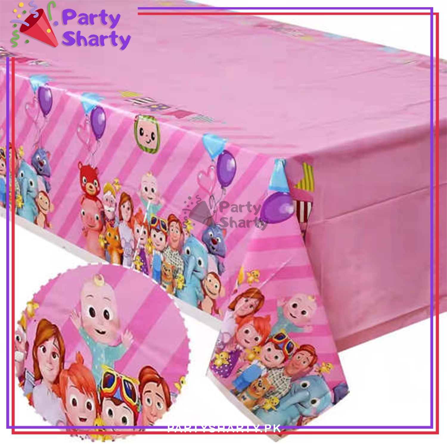 Pink Color Cocomelon Theme Table Cover For Birthday Party and Decoration