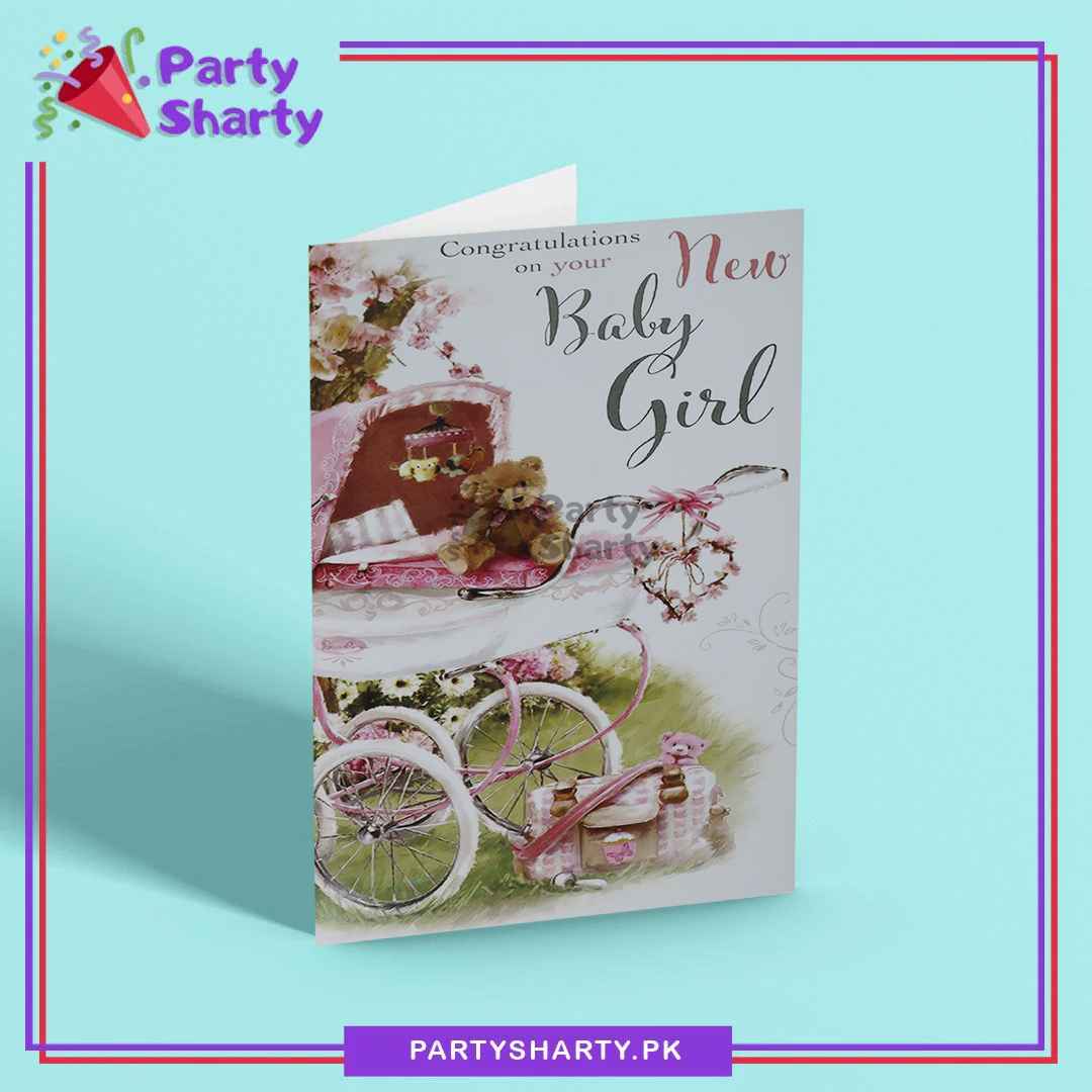 Congratulations on your new Baby Girl with Teddy Bear & Baby Cart Design Greeting Card