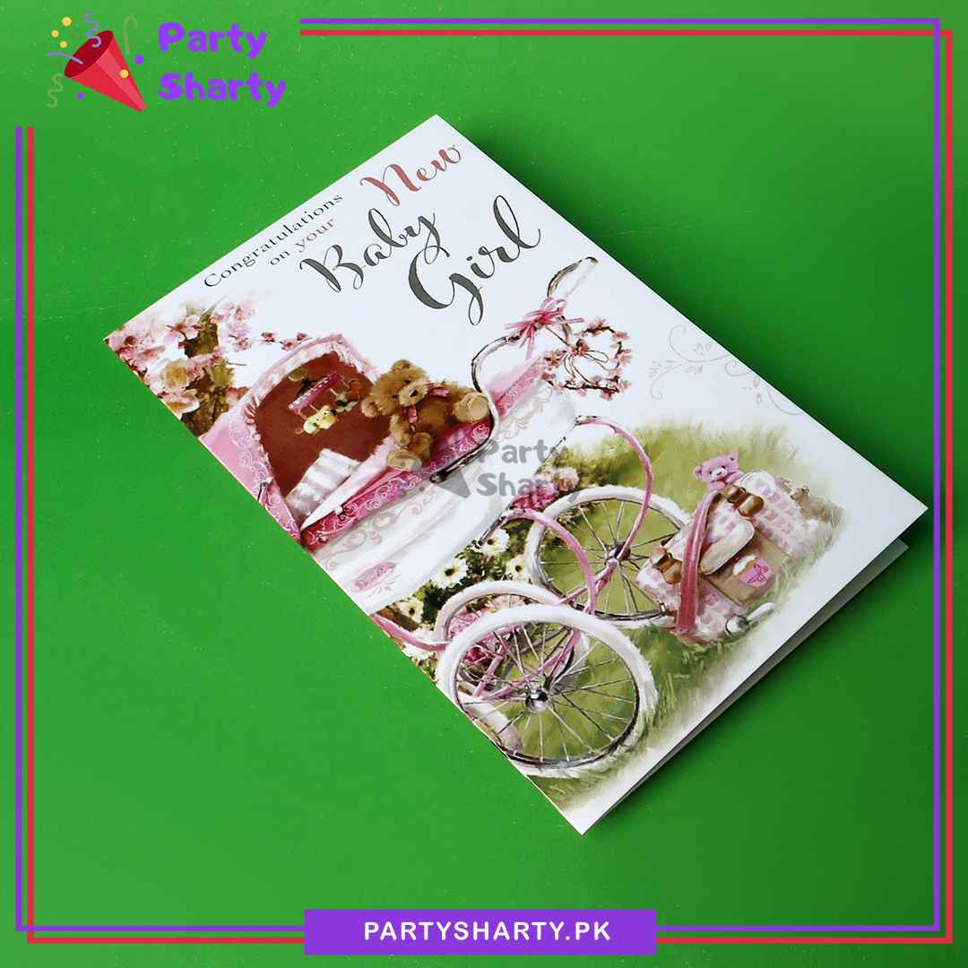 Congratulations on your new Baby Girl with Teddy Bear & Baby Cart Design Greeting Card