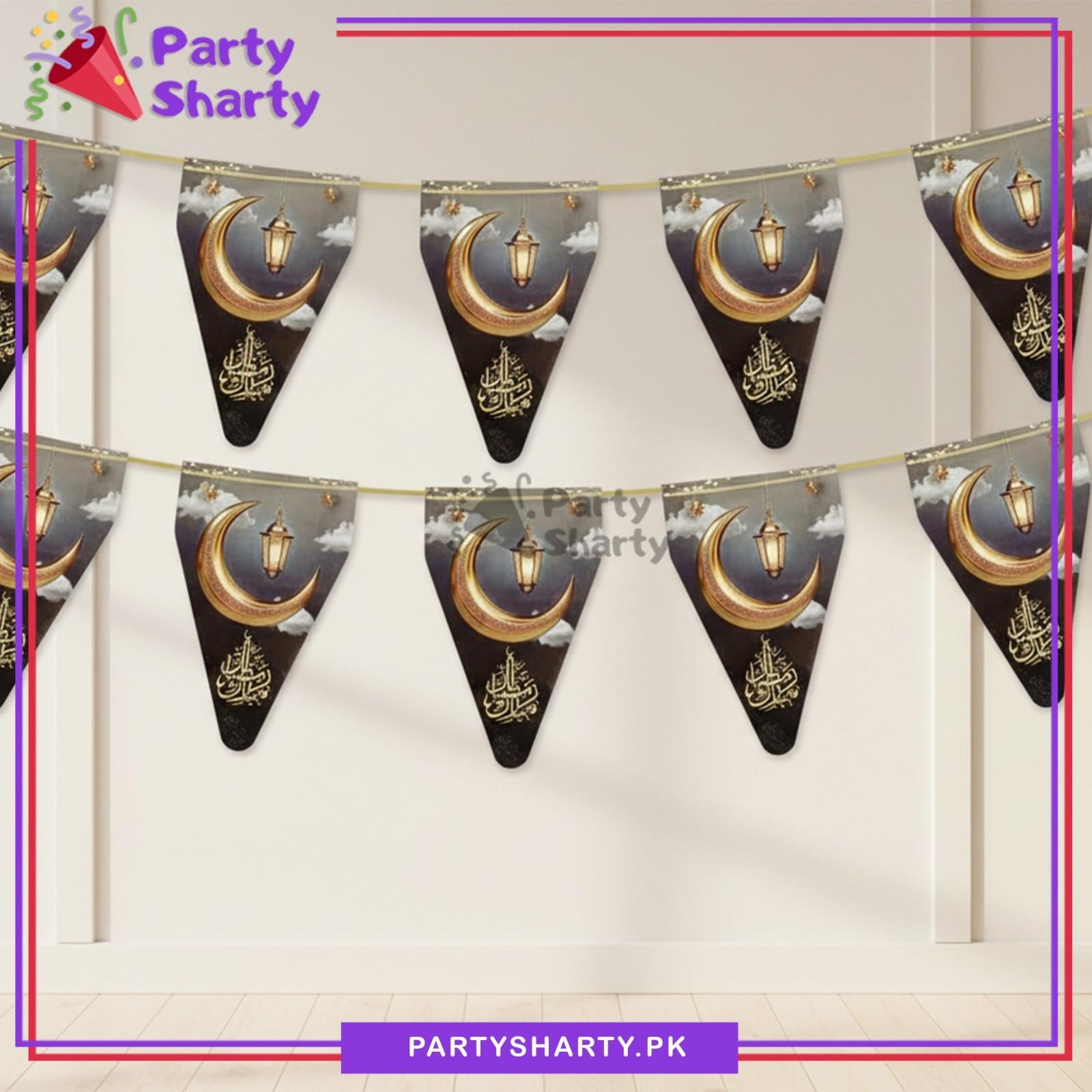 Crescent Moon Printed Black & Gold Color Ramadan Mubarak Flags Pack of 10 For Ramadan Decoration