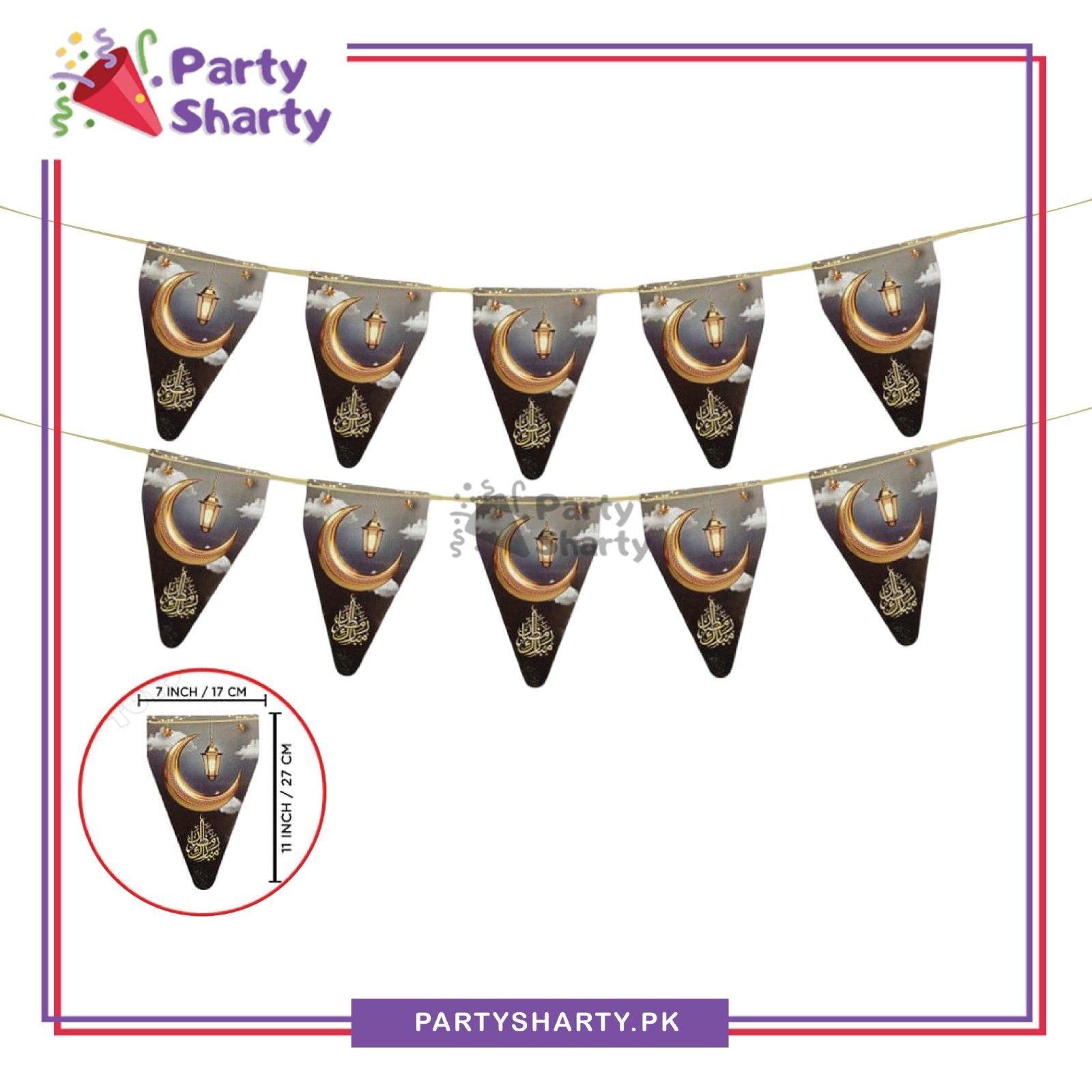 Crescent Moon Printed Black & Gold Color Ramadan Mubarak Flags Pack of 10 For Ramadan Decoration