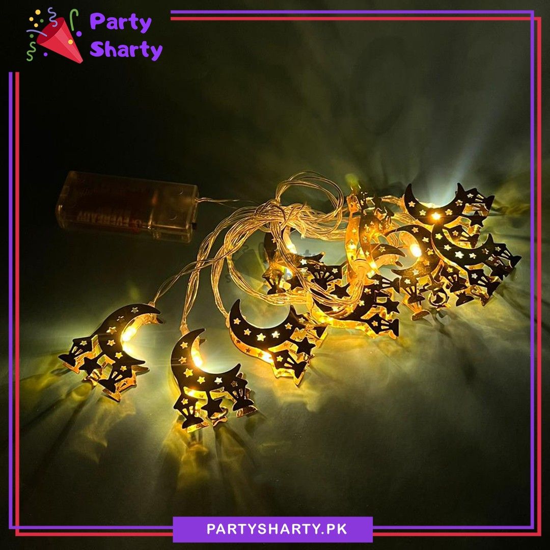 Warm Color Crescent Moon With Hanging Star & Lantern Style Shaped Led Metal Fairy String Lights for Ramadan & Eid Decoration